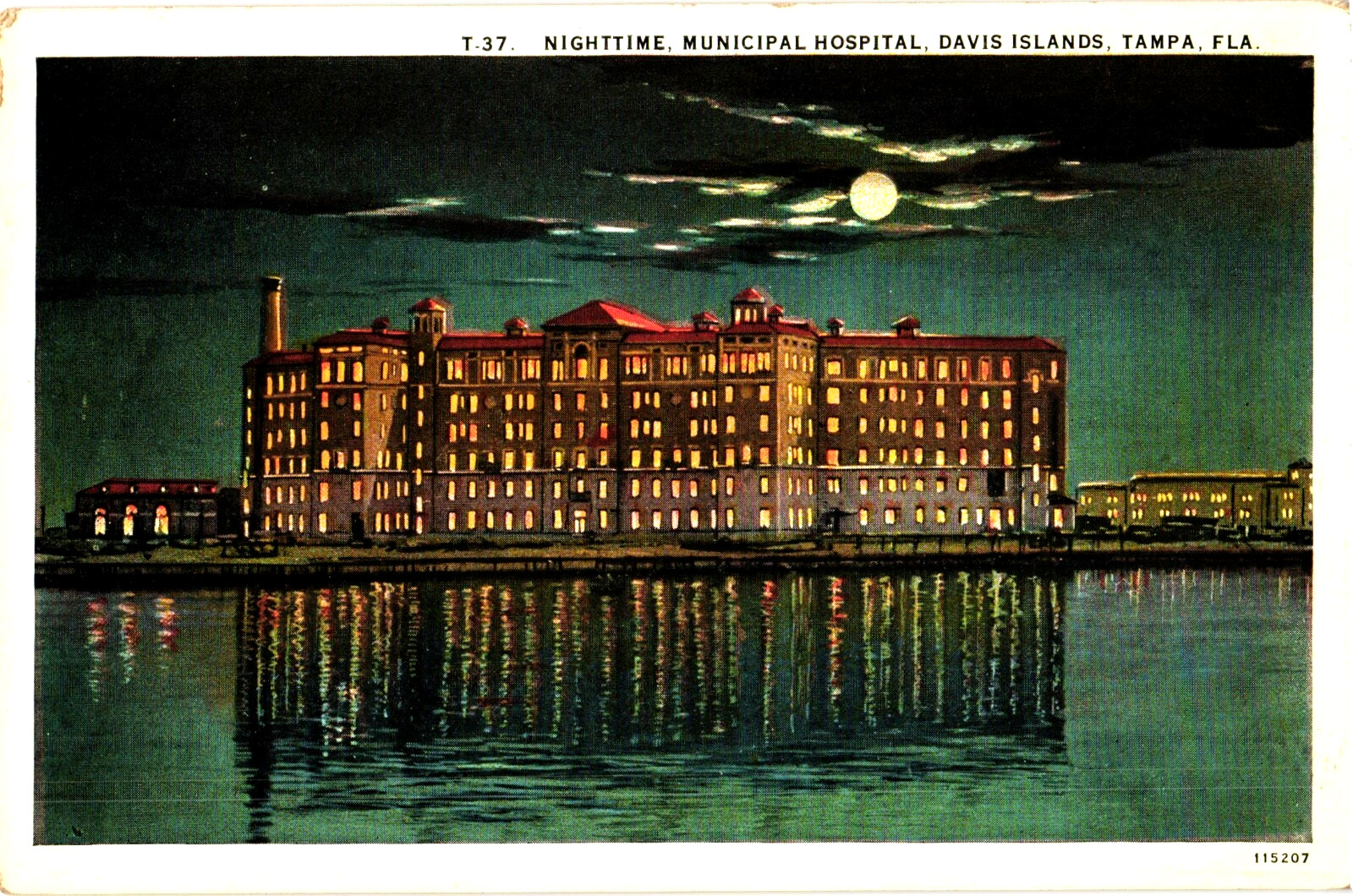Tampa Florida Municipal Hospital Davis Island Postcard 1930s Full Moon Night