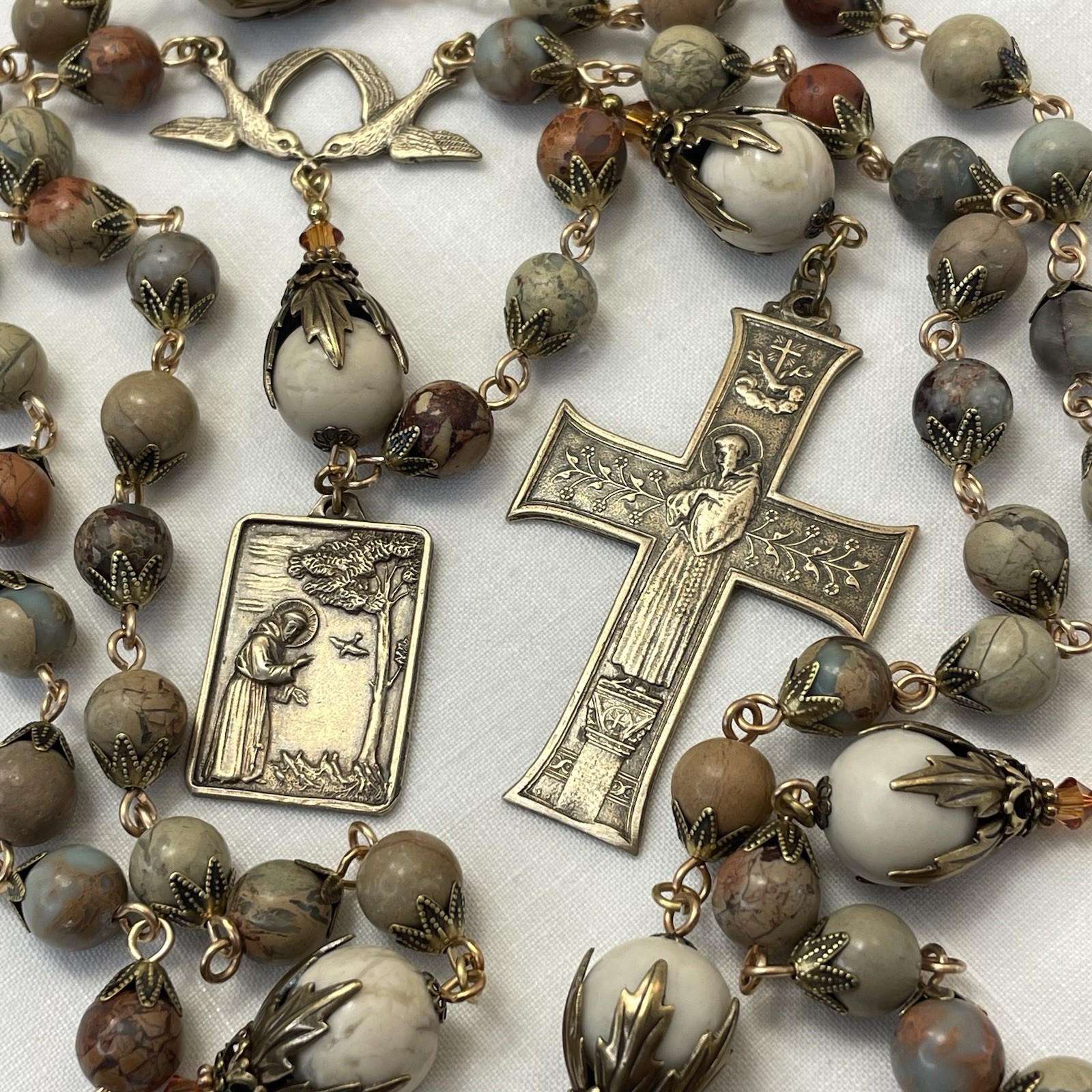 Heirloom St. Francis Rosary: Bronze Cross, Opal Jasper Beads
