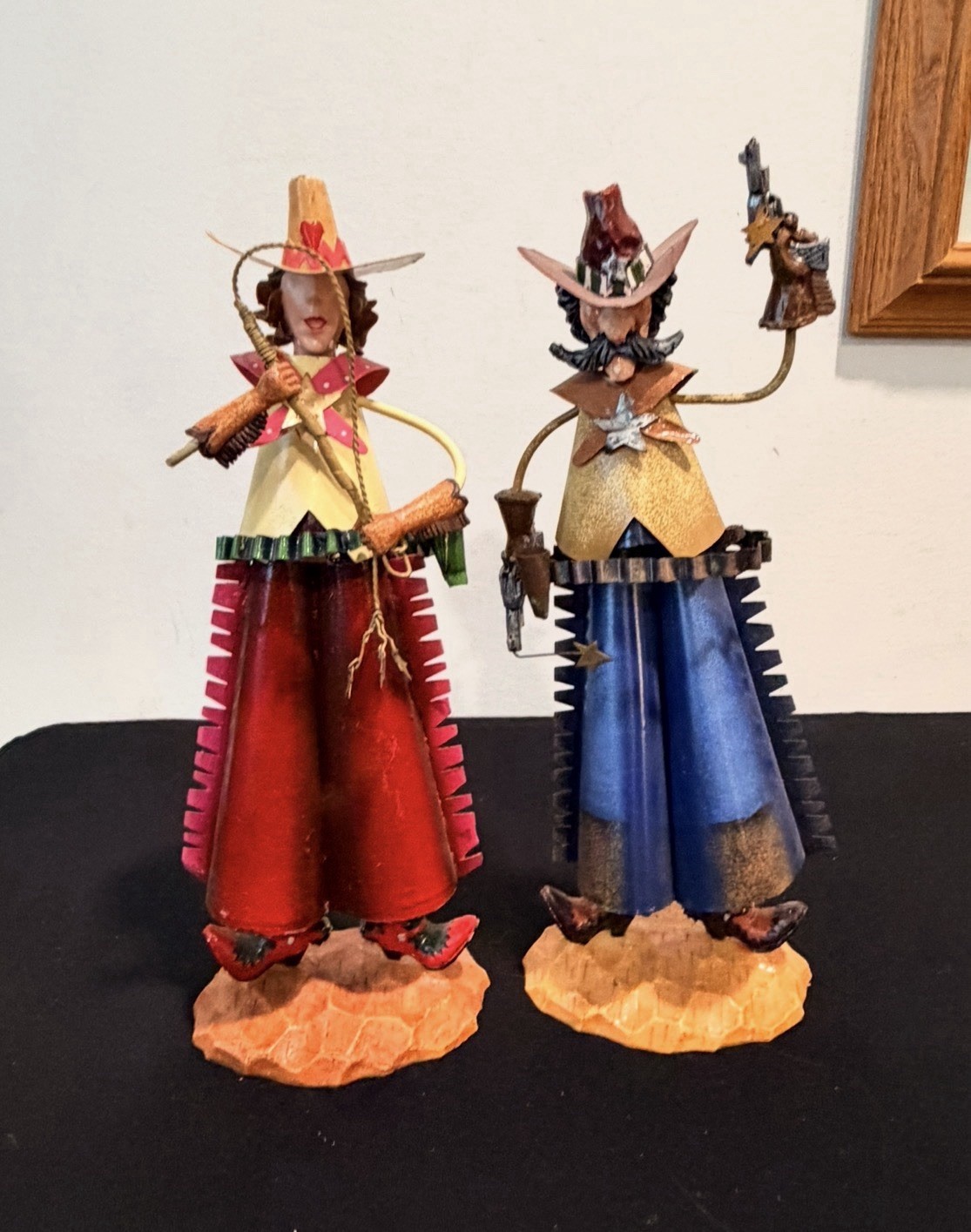 Vtg Pacific Rim Like Tin Cowgirl and Cowboy Sheriff Bobble Figurines 11” Western