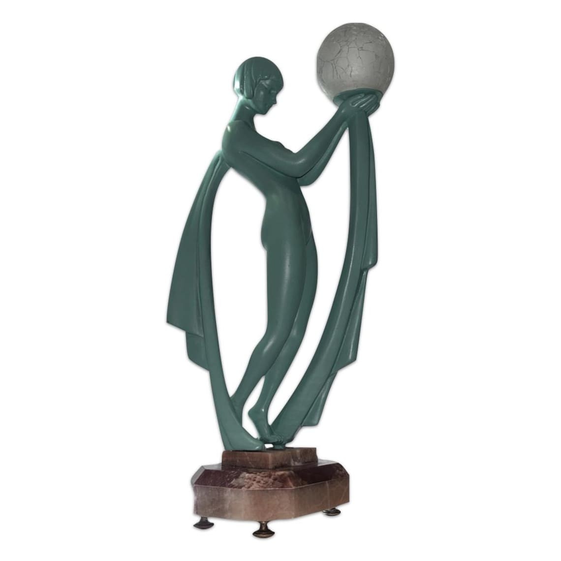 1930s Art Deco Lady Lamp, Patinated Spelter Dancer Sculpture, Marble Base.