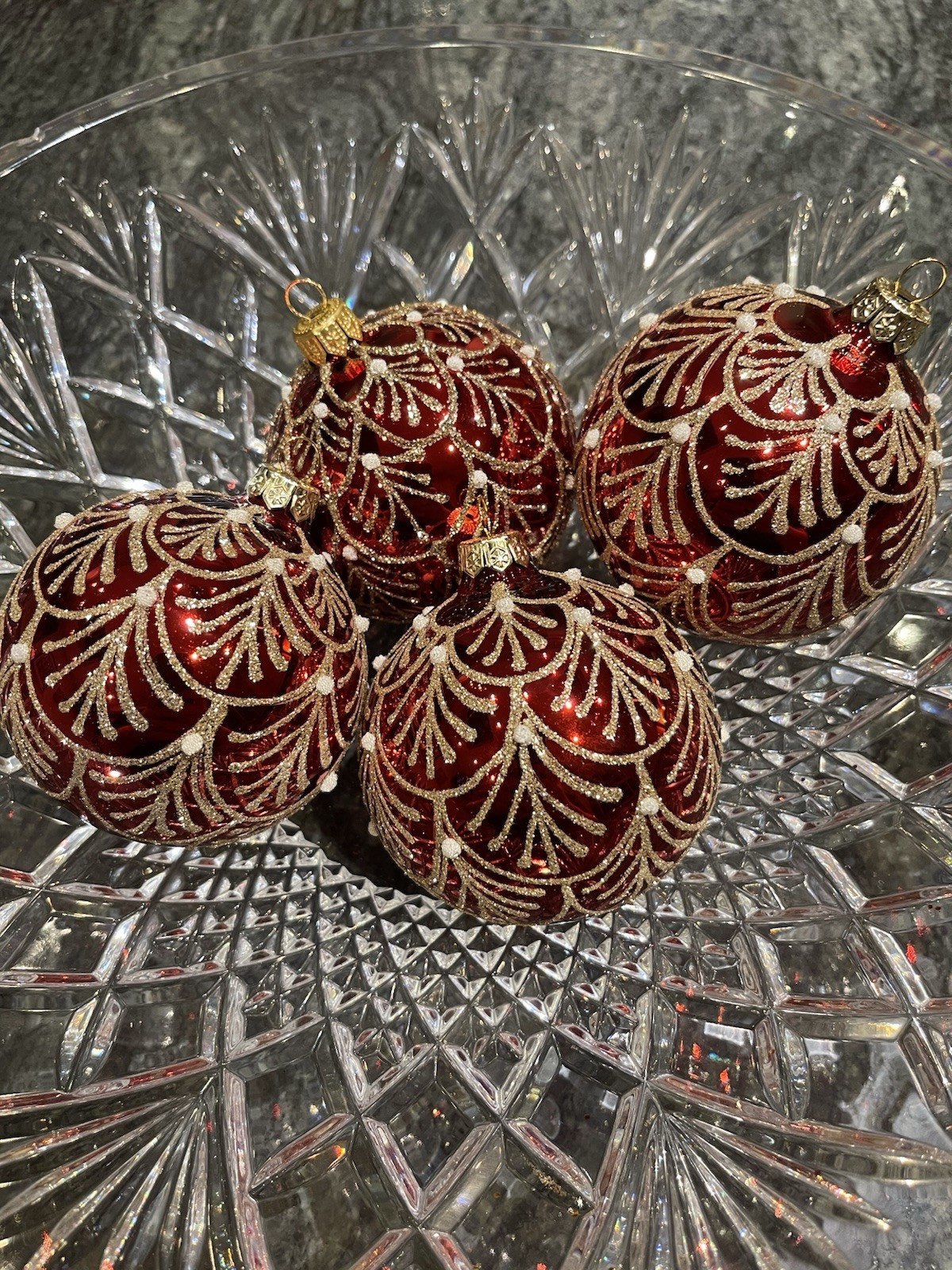 NEIMAN MARCUS DAGMARA 3inch Dark Red Burgundy Gold Glitter Ornaments Set Of 4