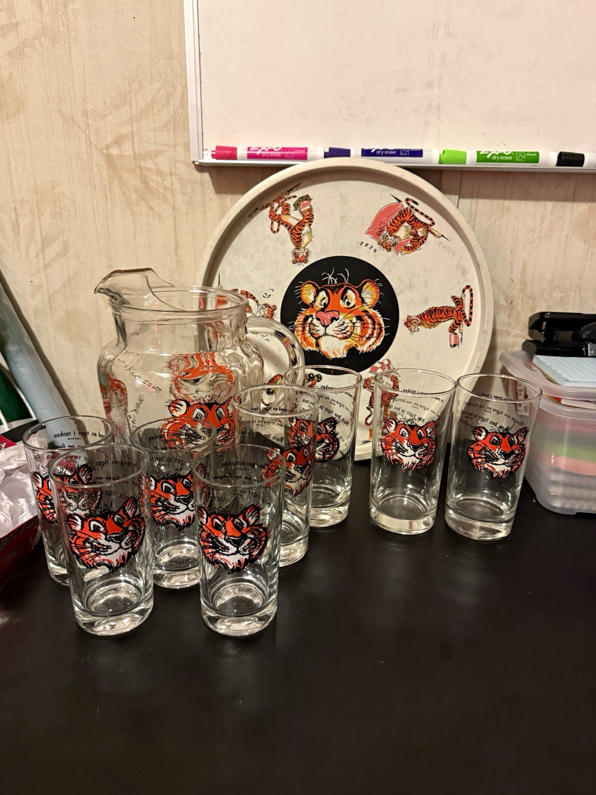 Vintage 1960s Esso Put a Tiger in Your Tank Glass Pitcher Glasses &Tray Set