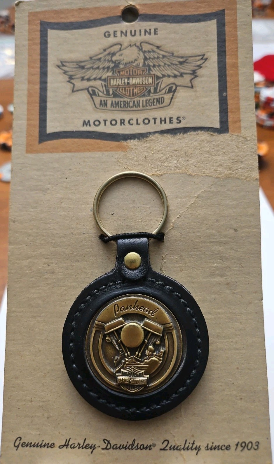 HARLEY-DAVIDSON PANHEAD LEATHER KEY CHAIN FOB VINTAGE 1993 NEW ORIG. PACKAGING 