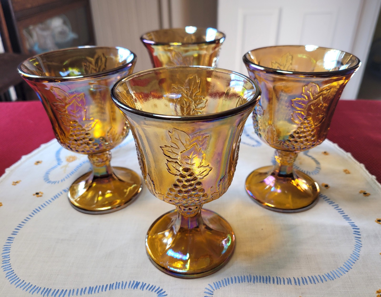 4 pc INDIANA COLONY IRIDESCENT Amber HARVEST Grape MARIGOLD Footed WATER GOBLETS