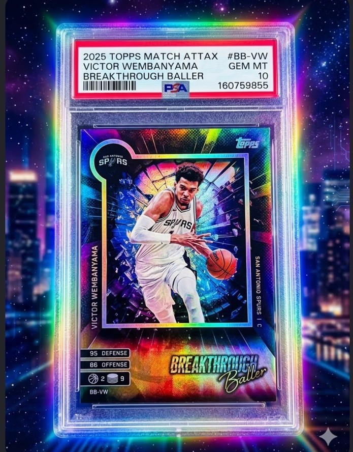 VICTOR WEMBANYAMA HOLO FOIL RAINBOW “BREAKTHROUGH BALLER”2025 Topps PSA 10🔥SHIP