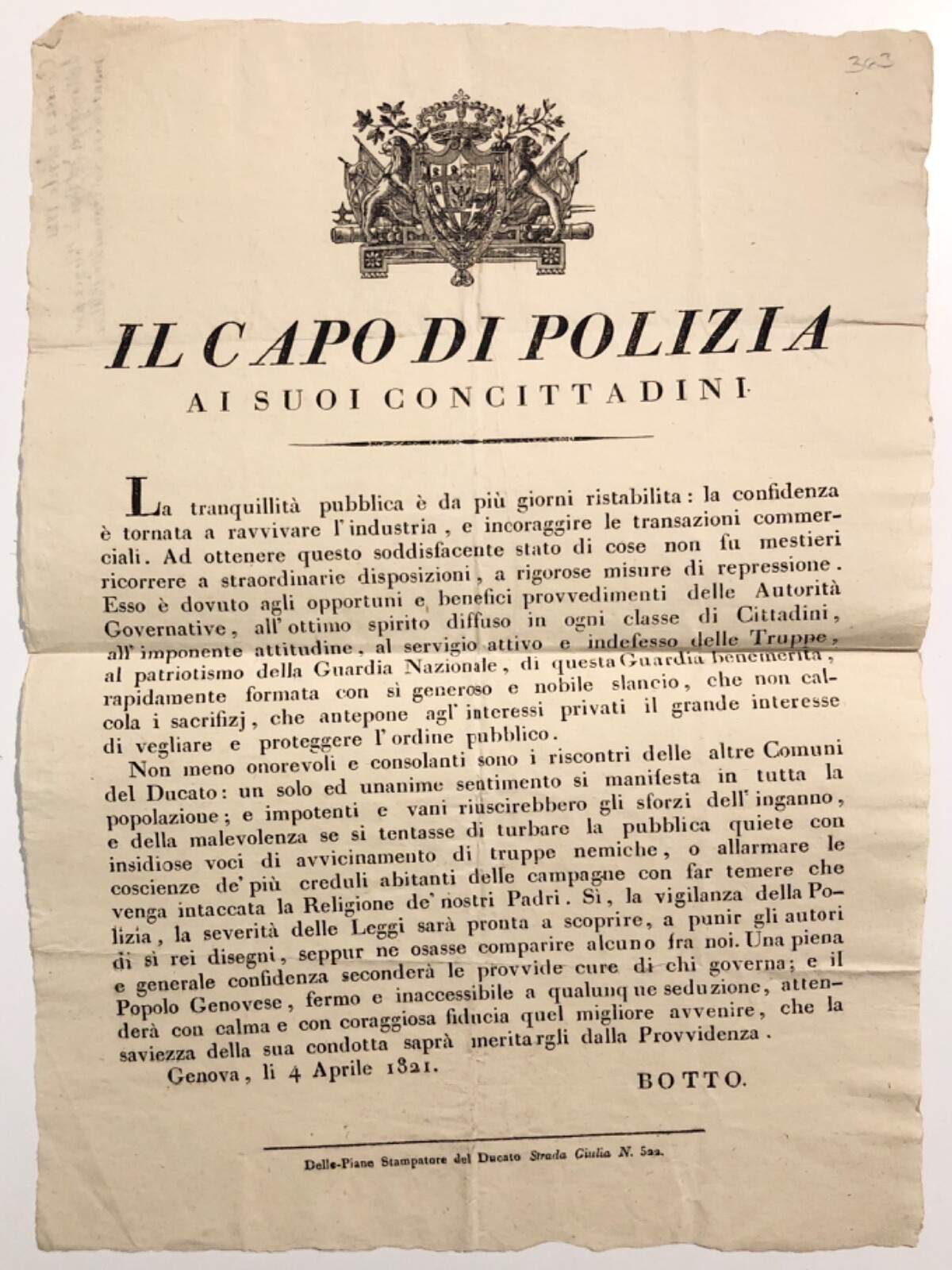 GENOA THE CHIEF OF POLICE TO HIS FELLOW CITIZENS BAN KINGDOM OF SARDINIA 04.1821