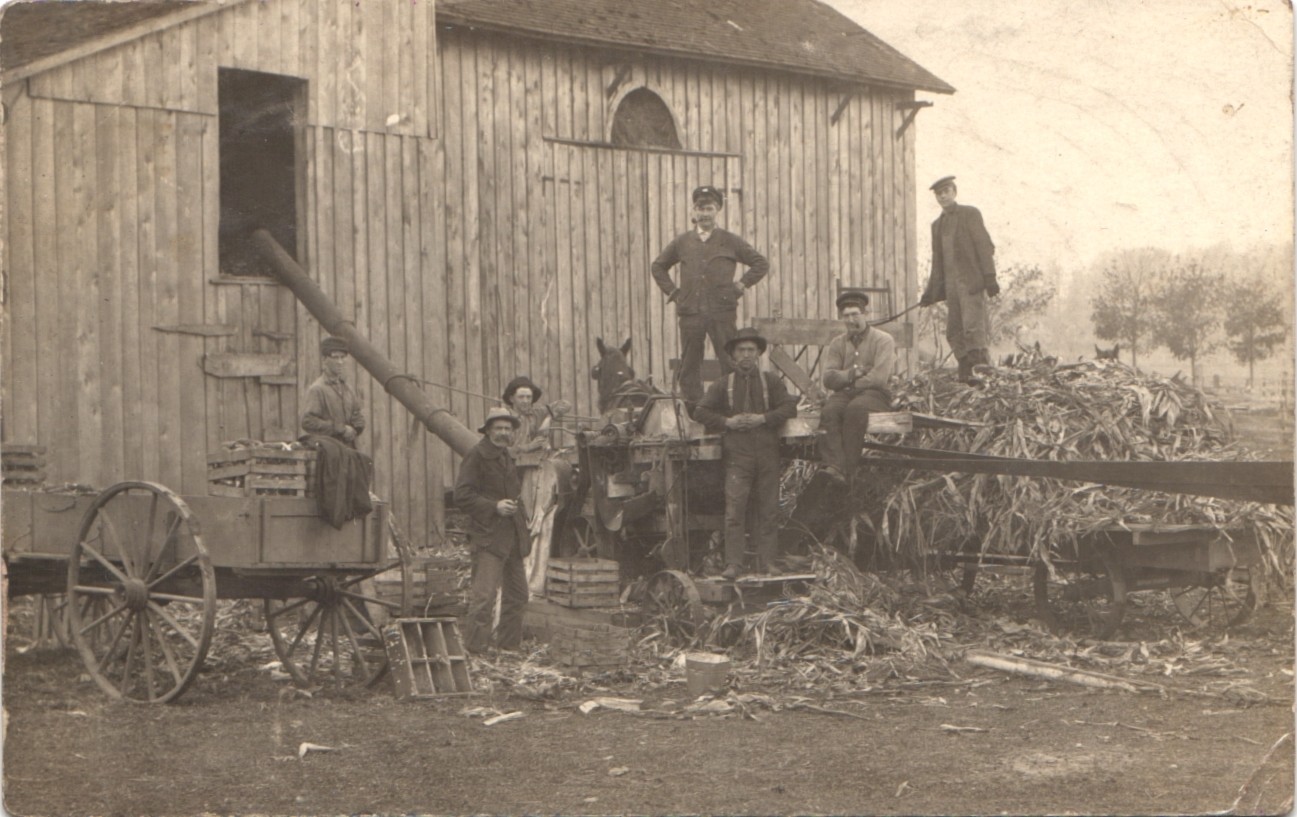 THRESHING CREW & BARN arcadia mi real photo postcard rppc michigan farm wagon