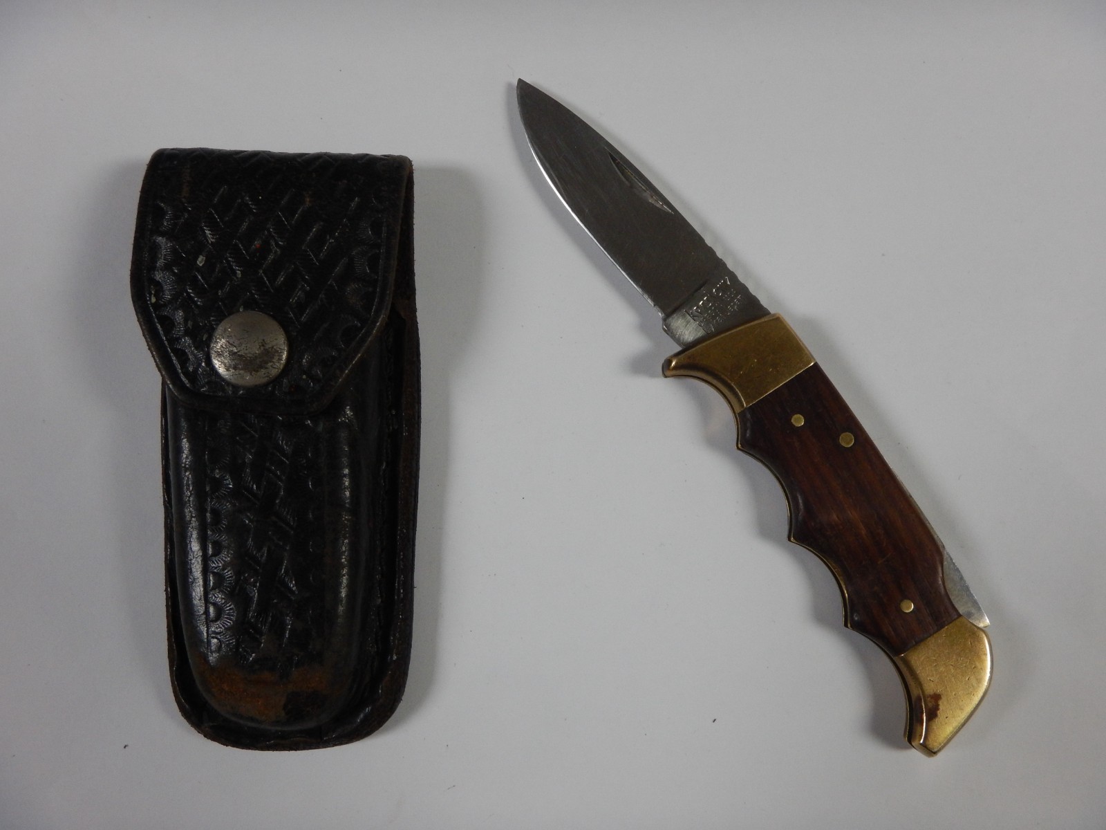 early KERSHAW USA 1040 BY KAI JAPAN LOCKBACK FOLDING KNIFE WOOD BRASS W/SHEATH