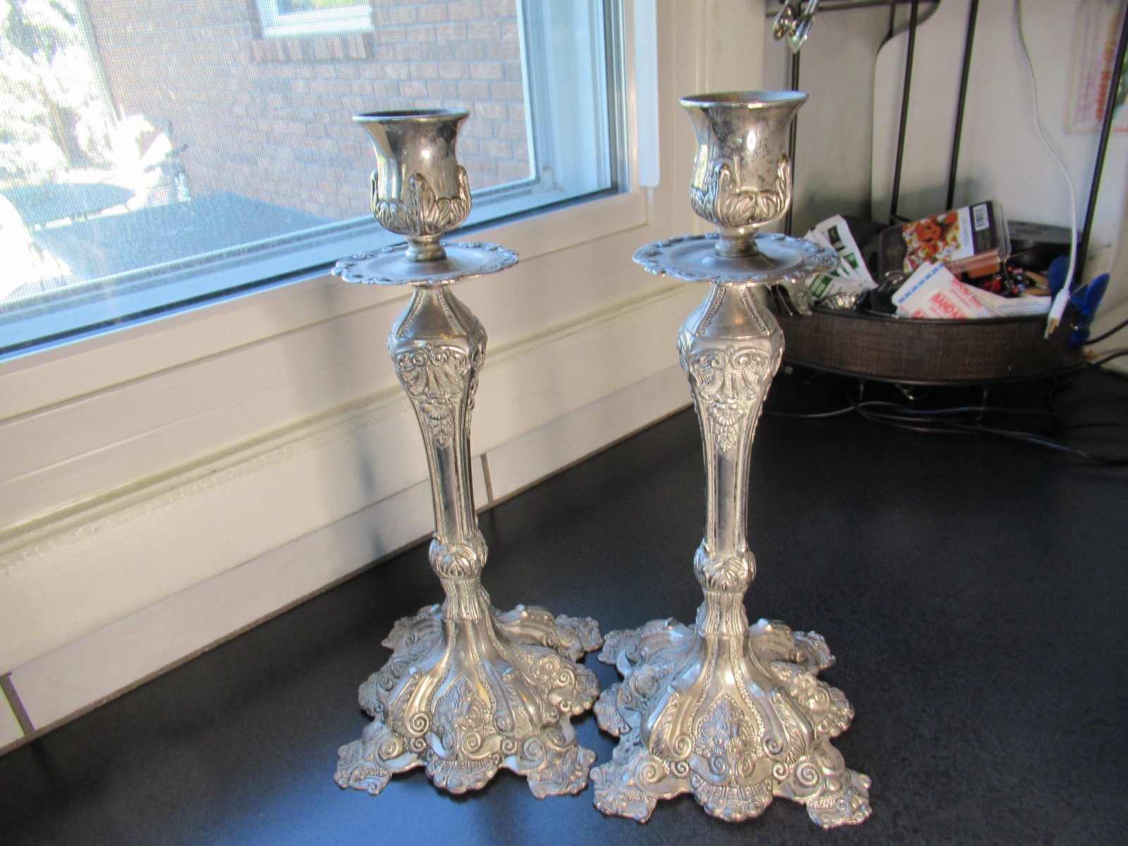 Pair Of Vintage Ornate *Brass French Antique Candlesticks 11.5\'\' Tall 5” Wide