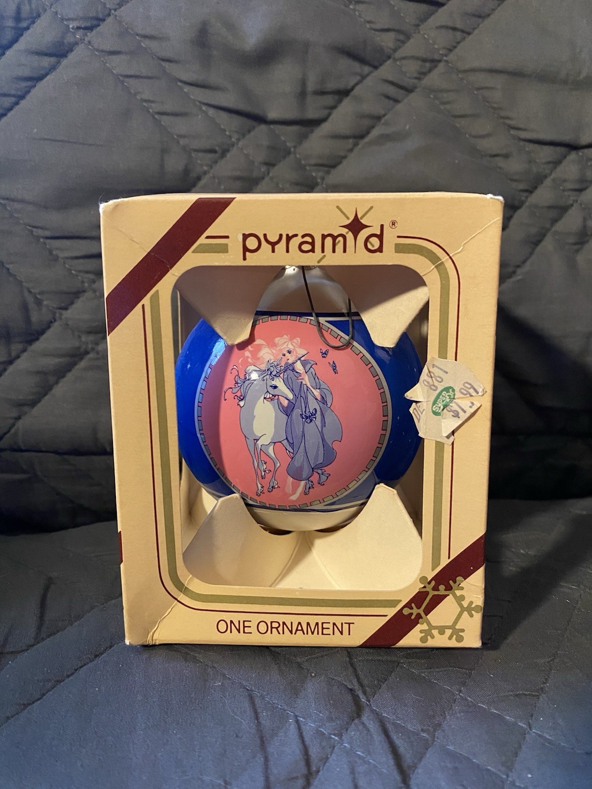 Rare Vintage The Last Unicorn Satin Thread Ball Ornament Blue Fantasy Unicorn