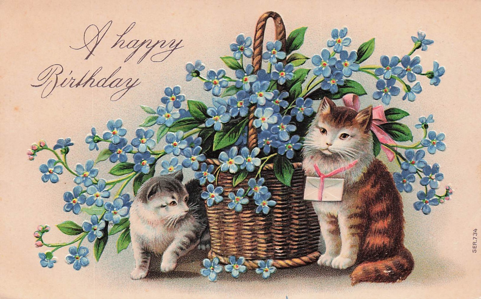  Victorian Birthday Card Blue Flowers Cats Kitten Letter Ribbon Vtg Postcard J14