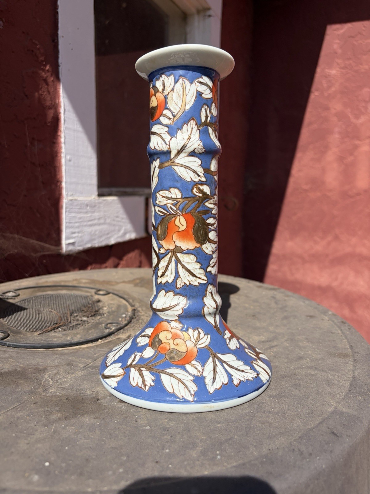 Vintage / Antique Chinese Hand Painted Blue Floral Porcelain Pottery Candle Vase