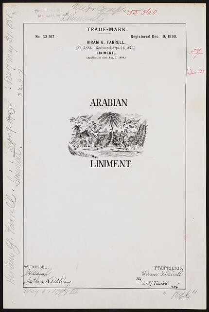 Photo:Hiram G. Farrell Arabian Liniment Trade-Mark 1899 Patent Document