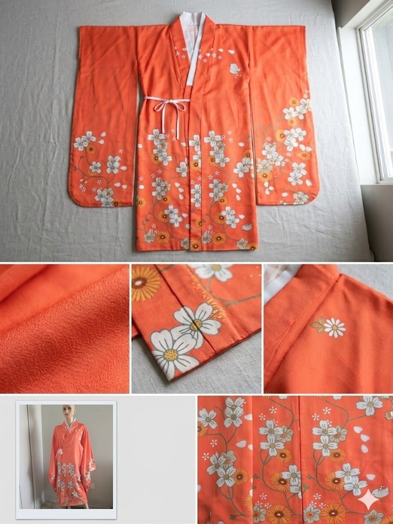 Vintage Japanese Kimono Robe Coral Orange Floral Bird Long Sleeve L XL New