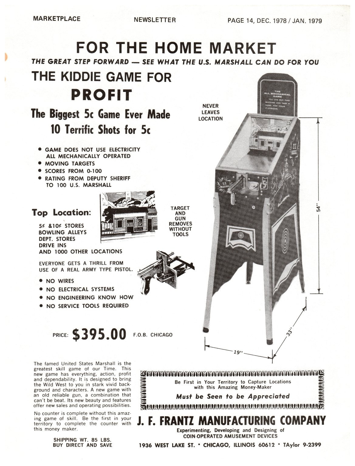 Vintage J. F. Frantz The Wild West Arcade Game Print Ad 1978 1979 US Marshall