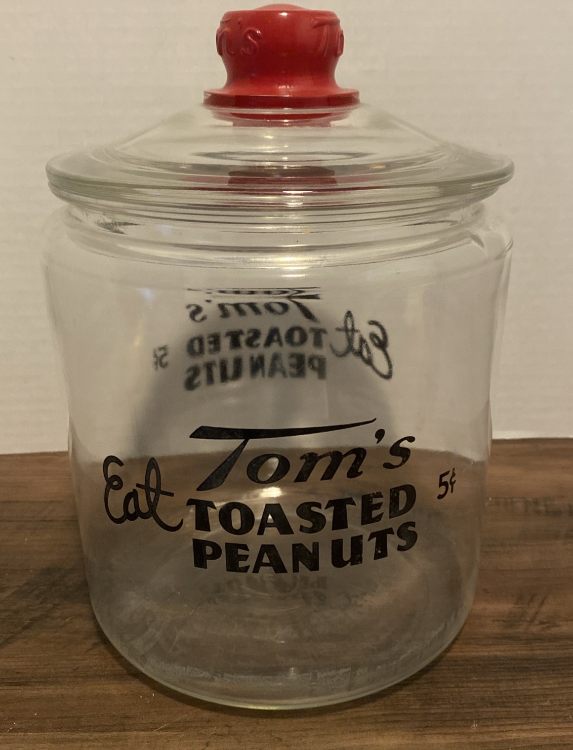 Vintage 1940's-50's Tom's Roasted Peanuts Glass Countertop $.05 Sales Jar