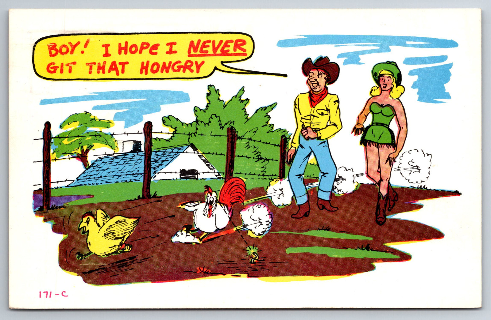 Vintage Postcard Humor Funny Cartoon Cowboy Pretty Woman Rooster Chasing Chicken