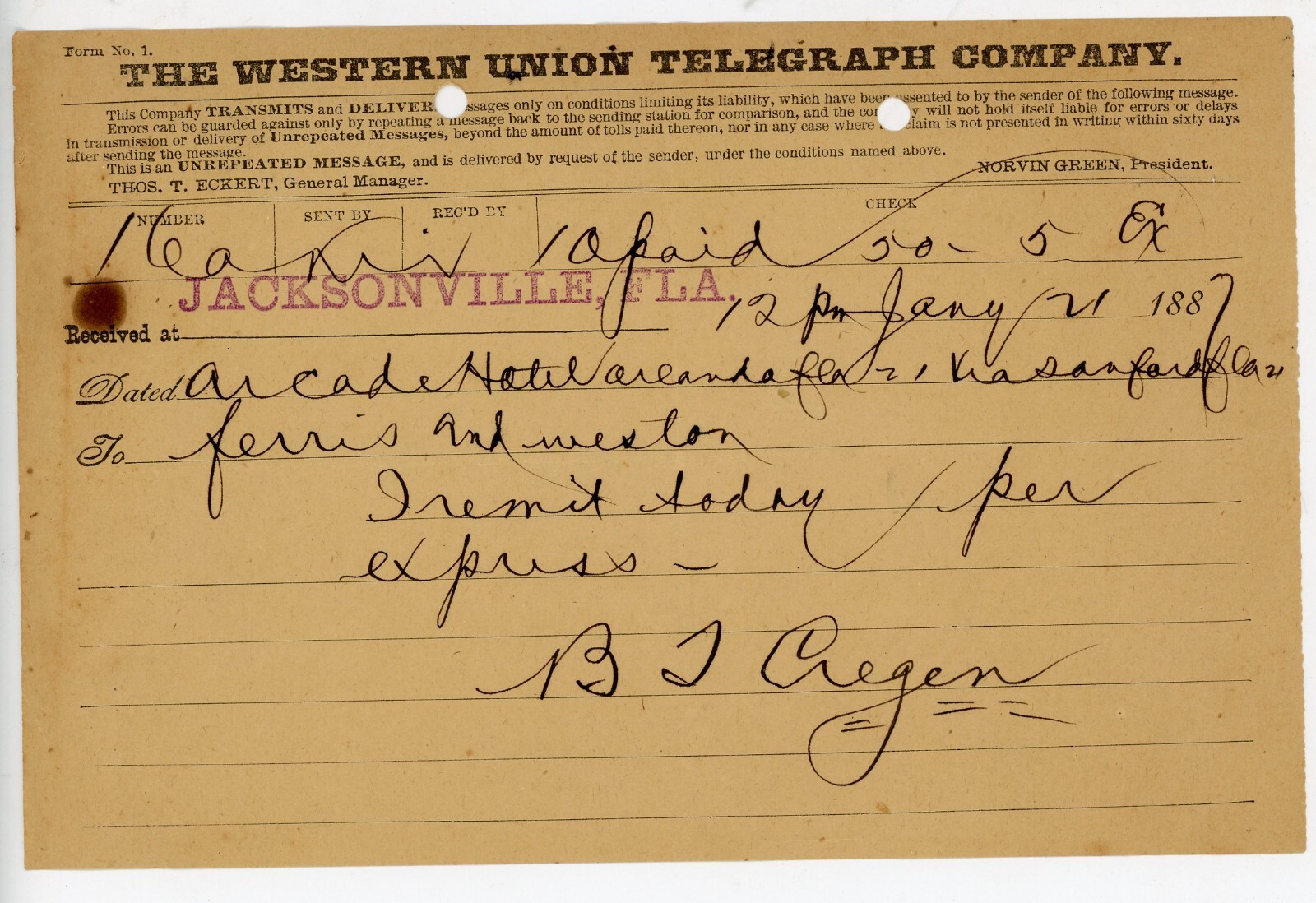 1888 Western Union Telegraph Jacksonville FL Arcade Hotel Sanford BJ Cregen