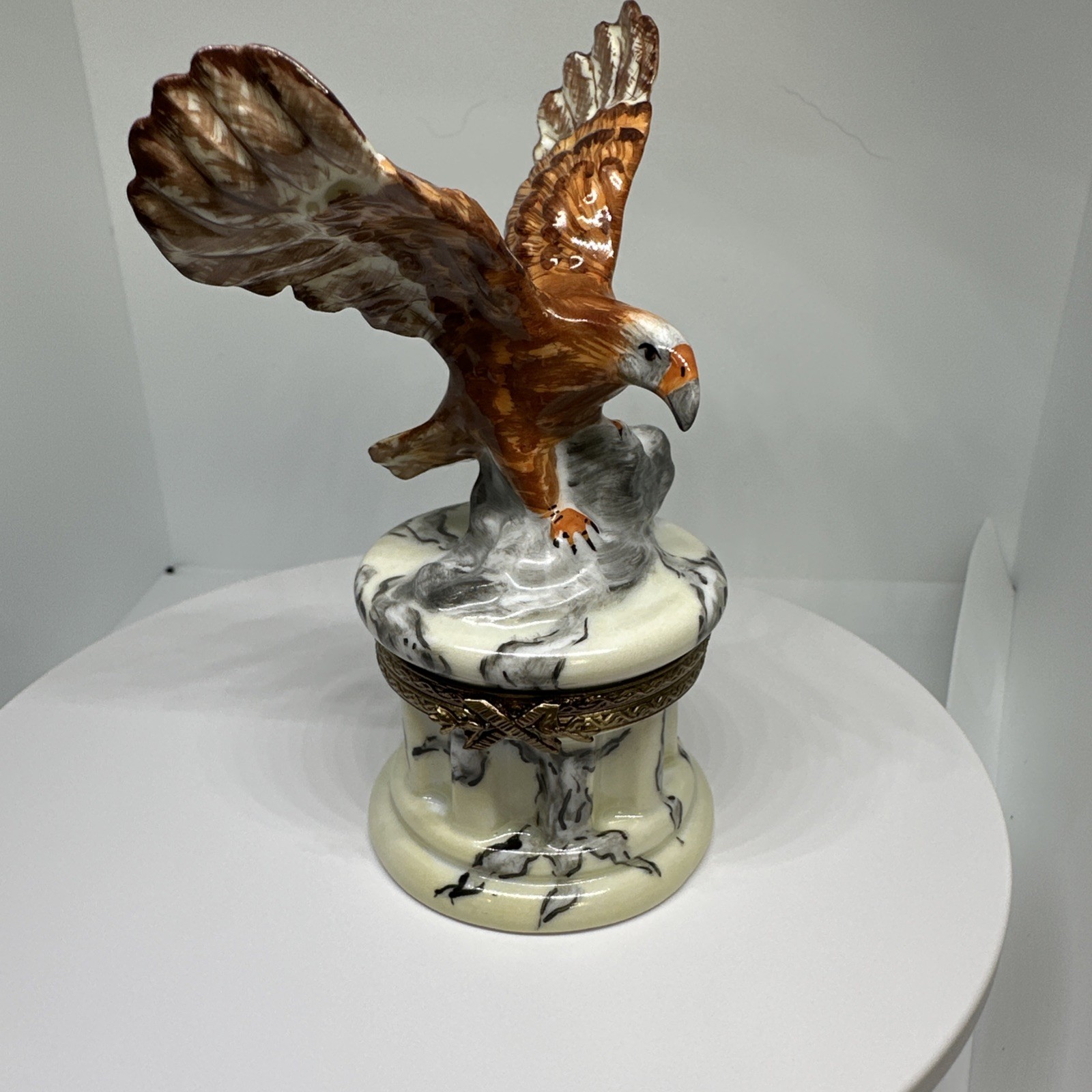 Limoges Trinket Box Eagle Landing On Marble Pedistul