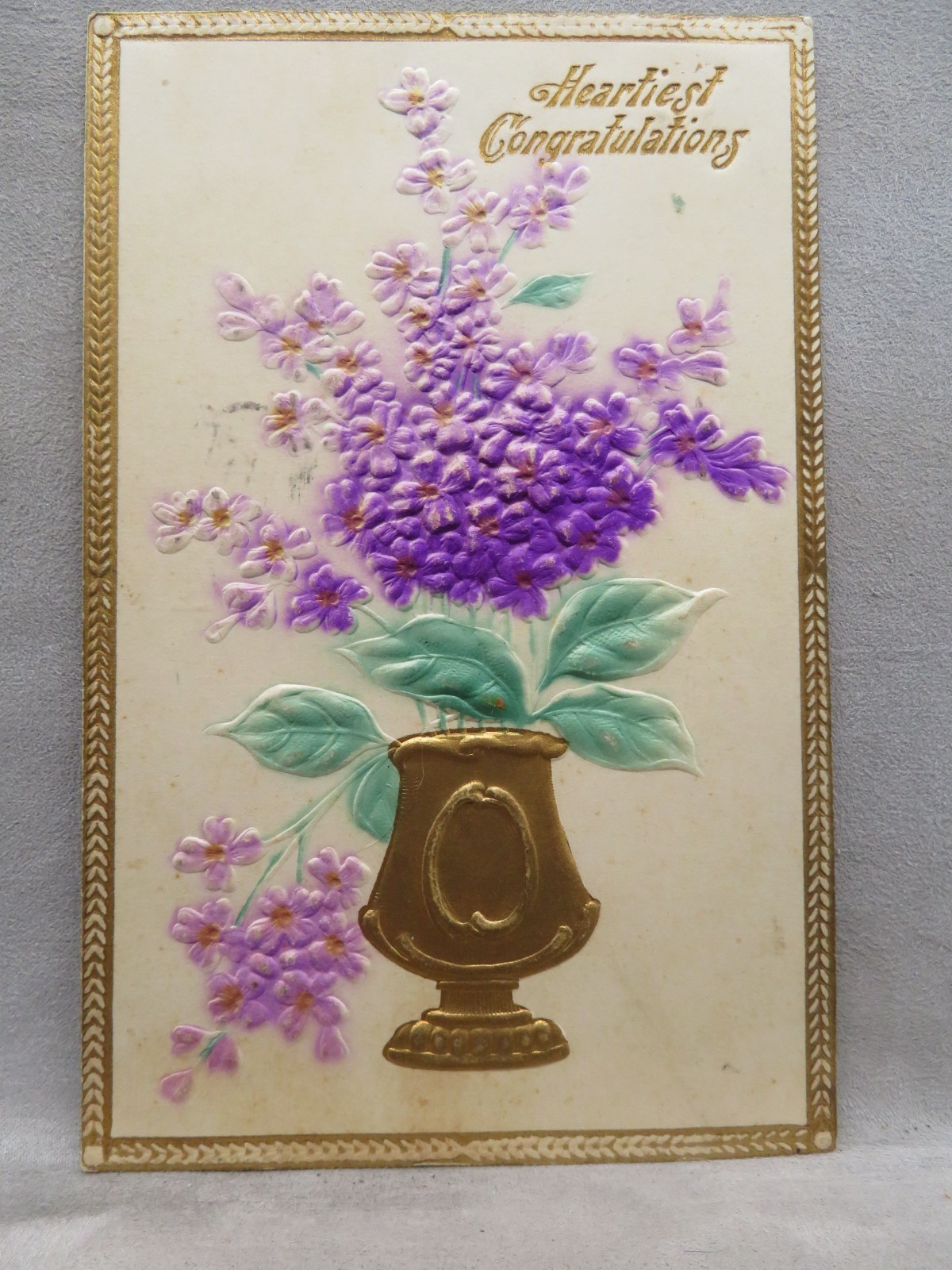 Postcard Embossed Heartiest Congratulations Purple Flowers Gold Vase