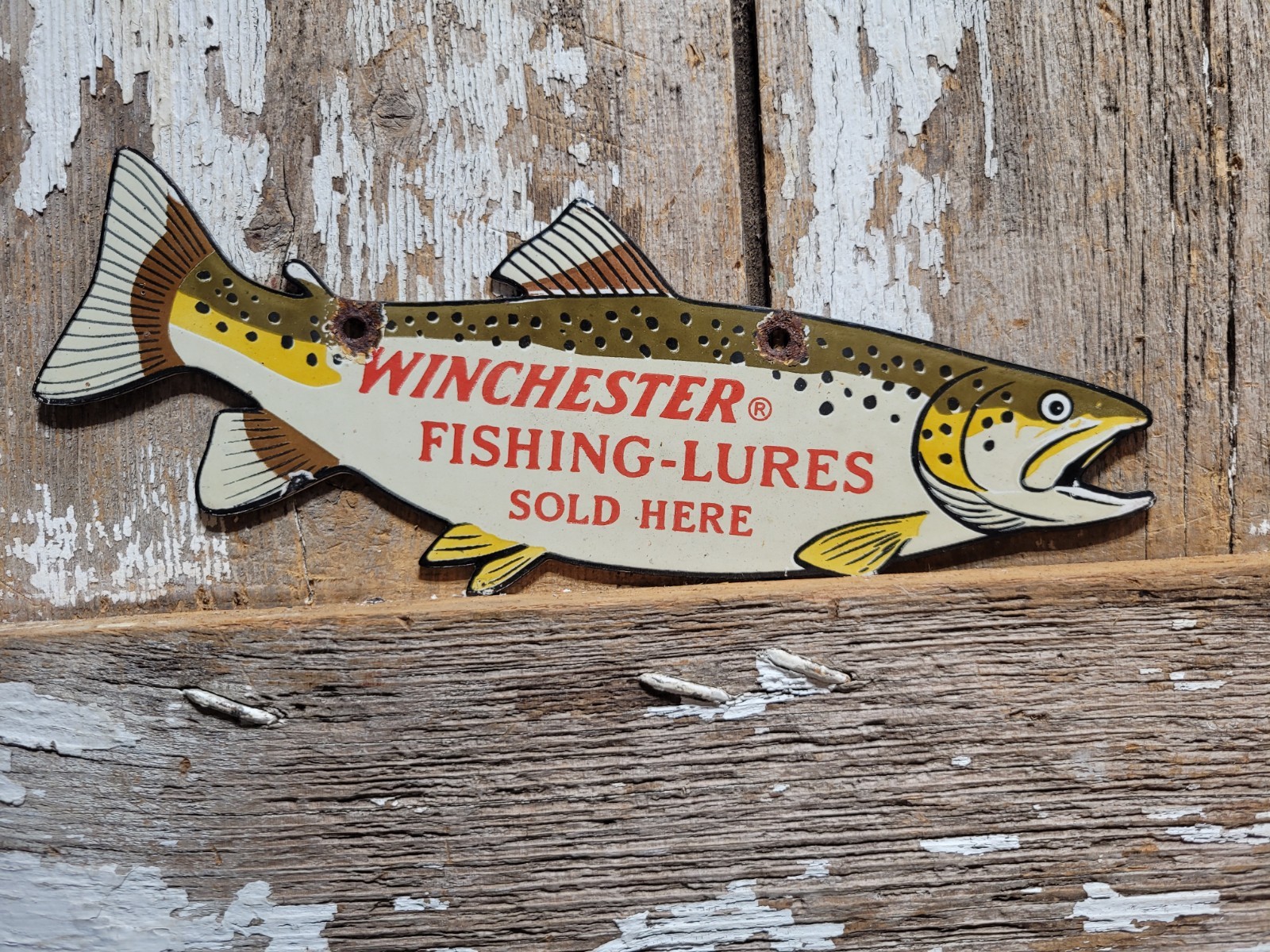 VINTAGE WINCHESTER PORCELAIN SIGN OLD FISHING LURES SALMON TROUT TACKLE BAIT