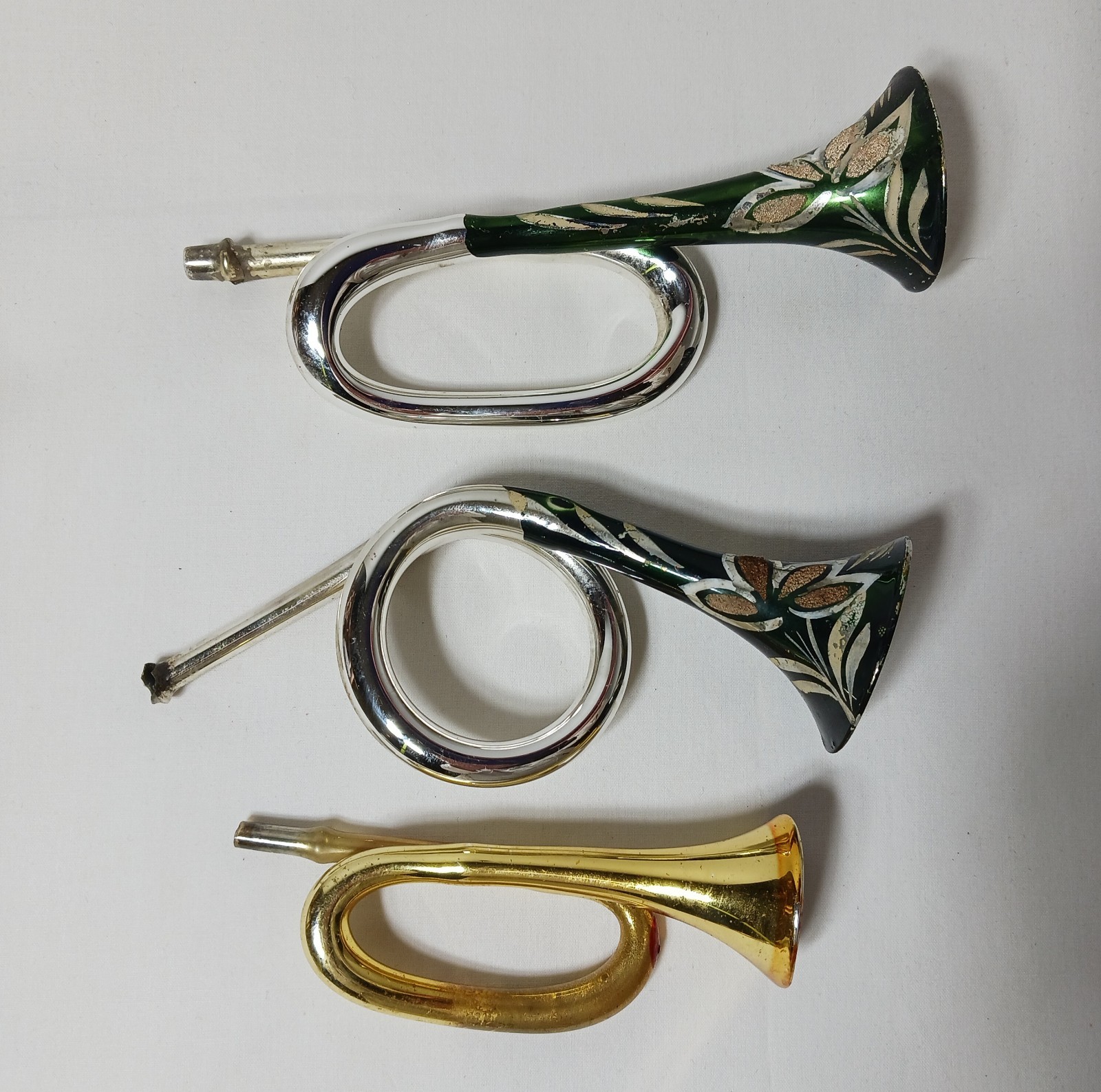 3 vtg MCM Mercury Glass FRENCH HORN Trumpet Christmas Ornament Germany 1950\'s