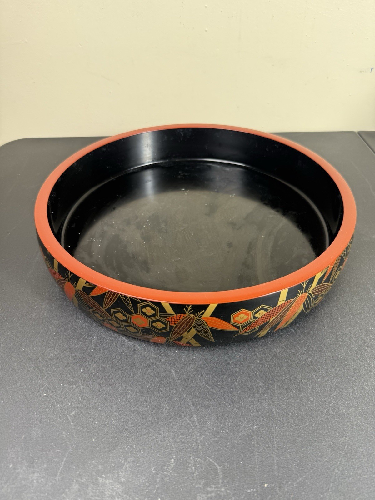 Vintage Japanese Lacquerware Sushi Oke Bowl 12” Black Red Gold Serving Tray