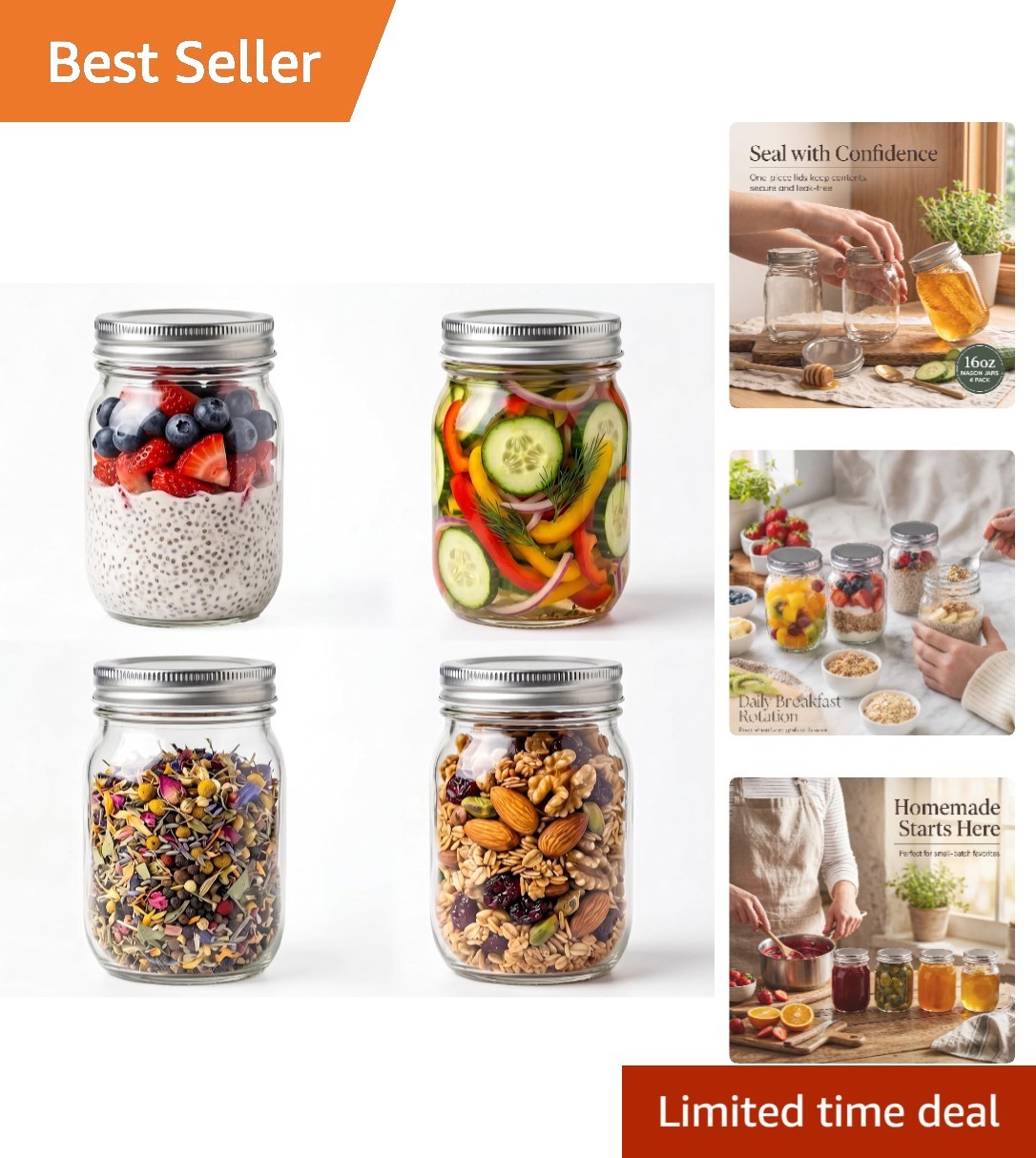 Versatile 16oz Clear Mason Jars – 4 Pack for Food Storage & DIY Projects