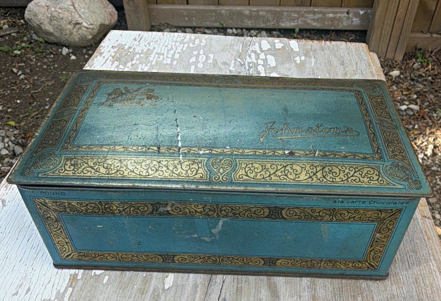Johnston's Chocolates Blue & Gold Candy & Nuts Advertising Tin Box Antique/Vint