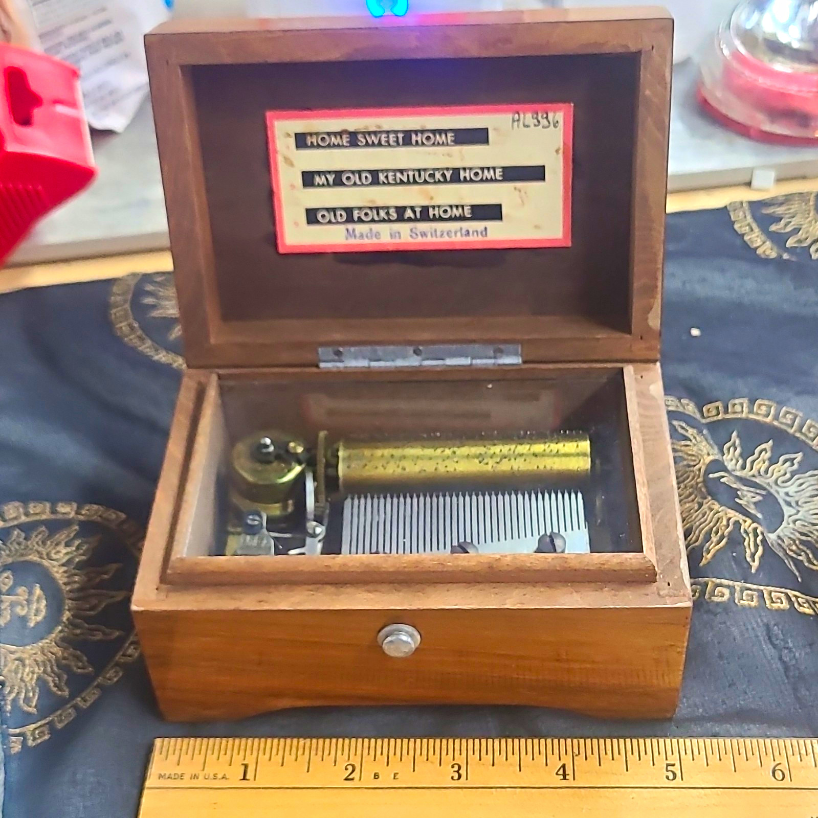 Thorens Swiss Wooden Music Box Wood Case w/ 3 Songs, Label, Working