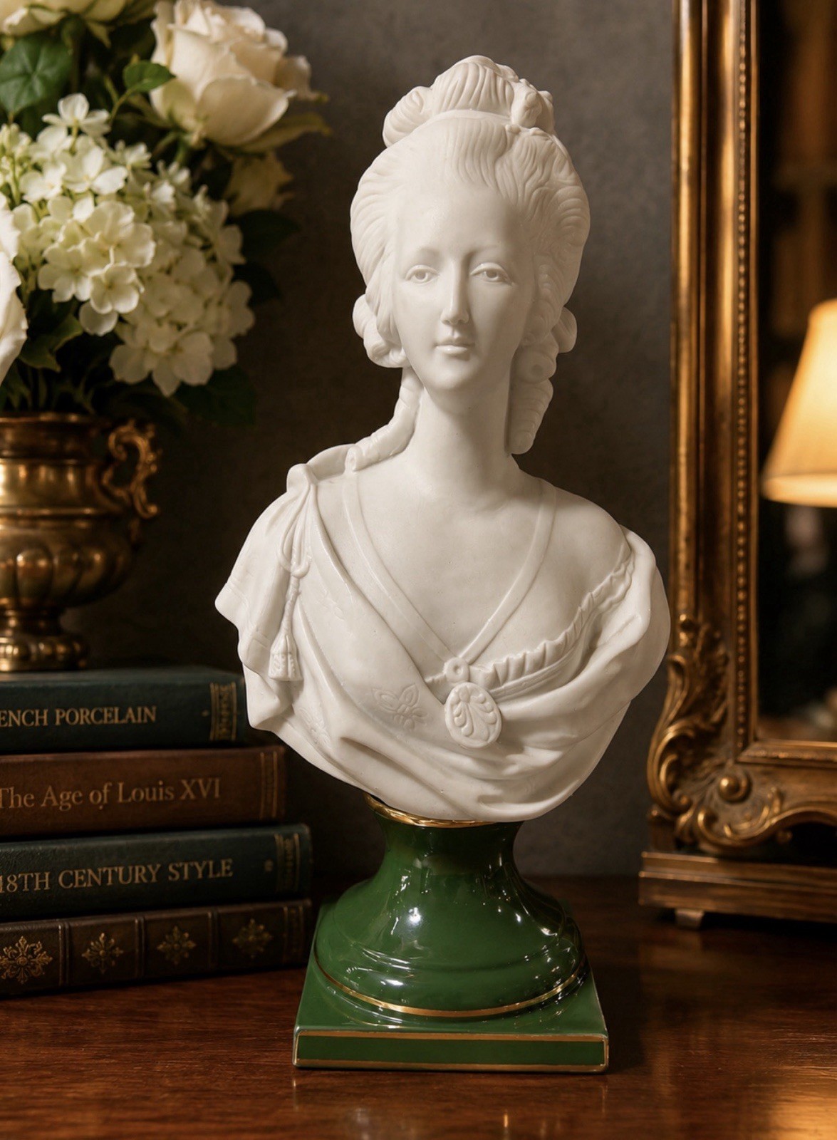 Vintage Andrea Japan Marie Antoinette Bisque Porcelain Bust 11” Green Gold Base