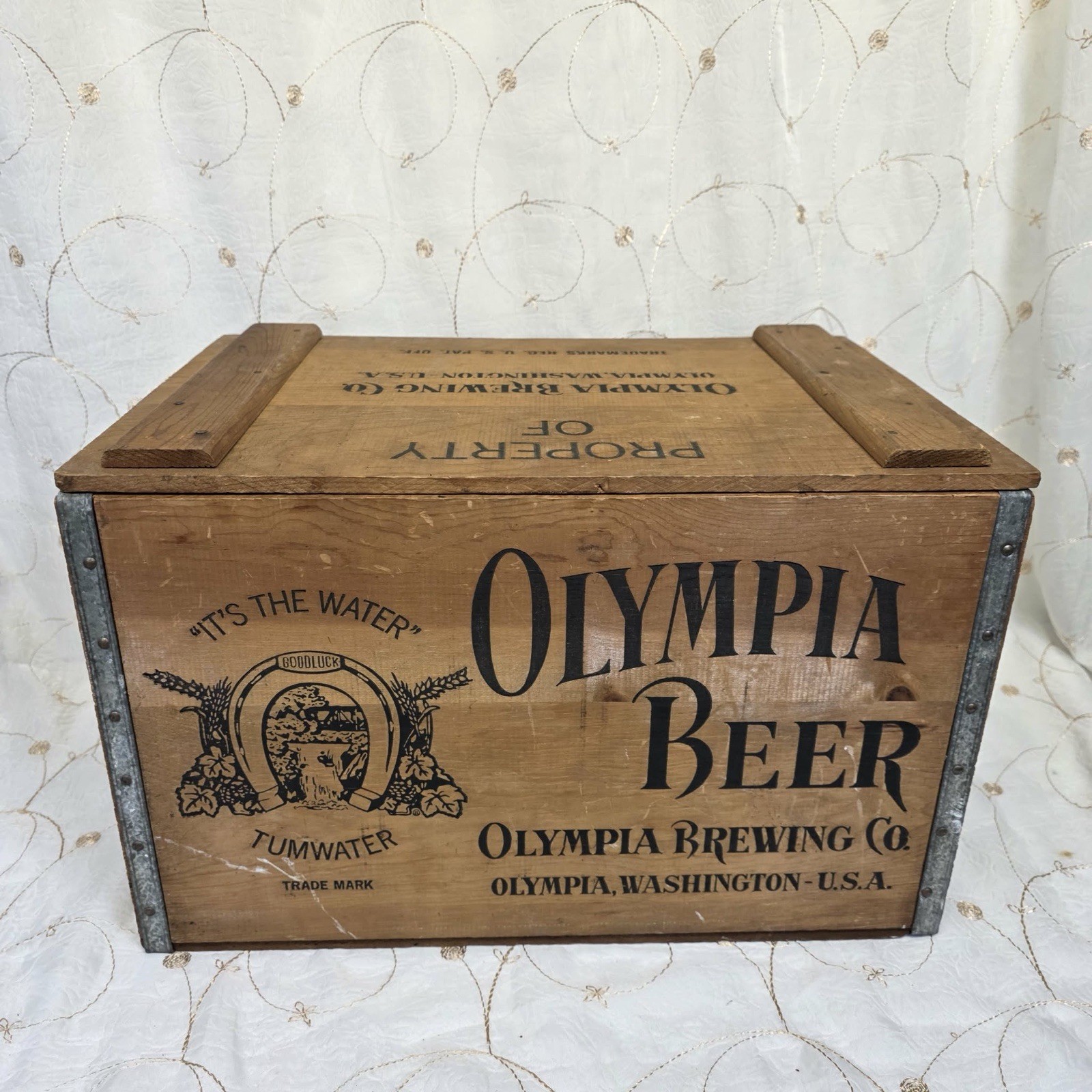 Vtg Olympia Beer Wood Crate Box Lid Checkerboard Gideon Anderson Missouri 18