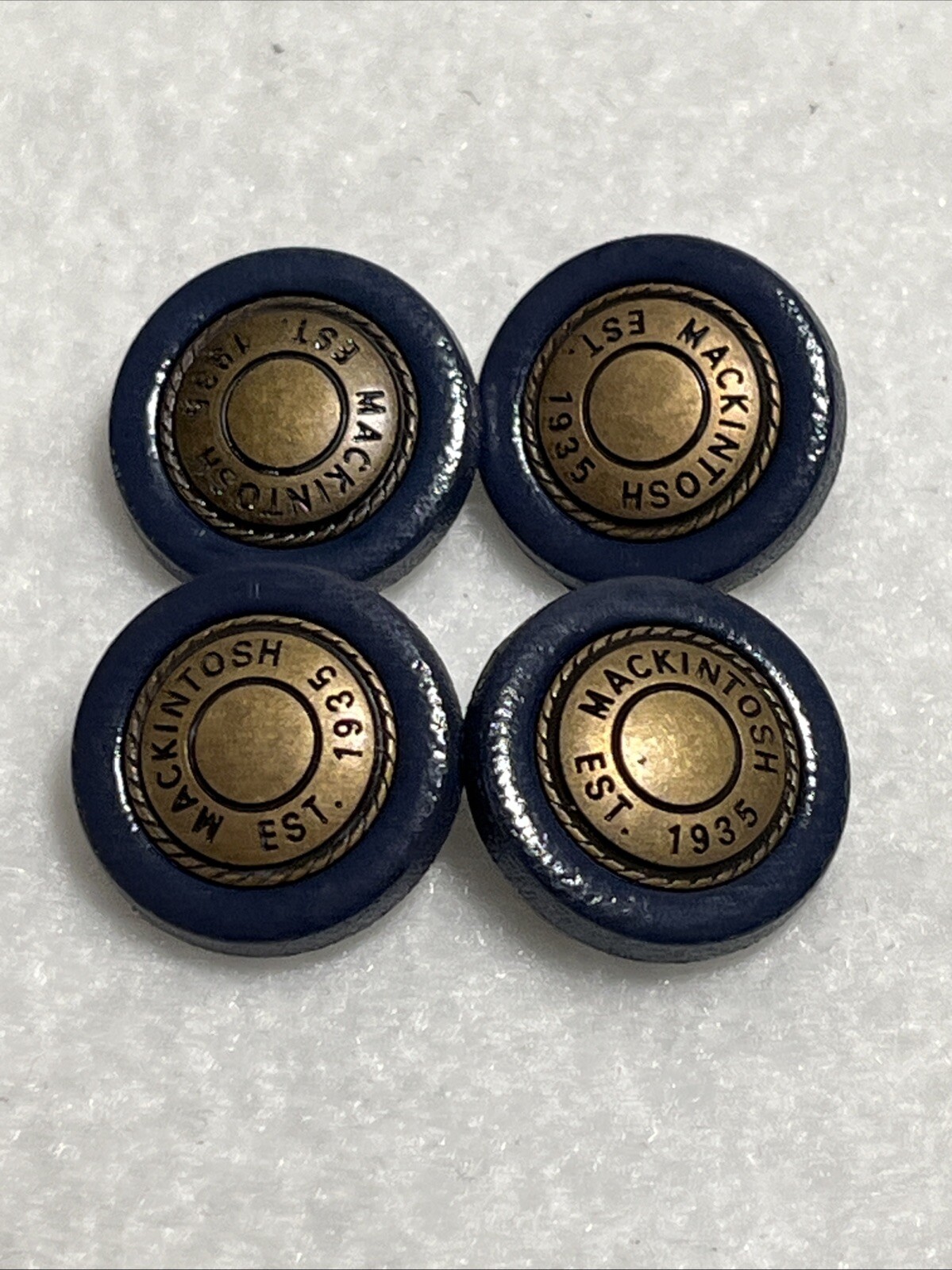 4 Vtg 3/4” Engraved Brass Dark Blue Mackintosh Buttons 1935, Rare, Collectible