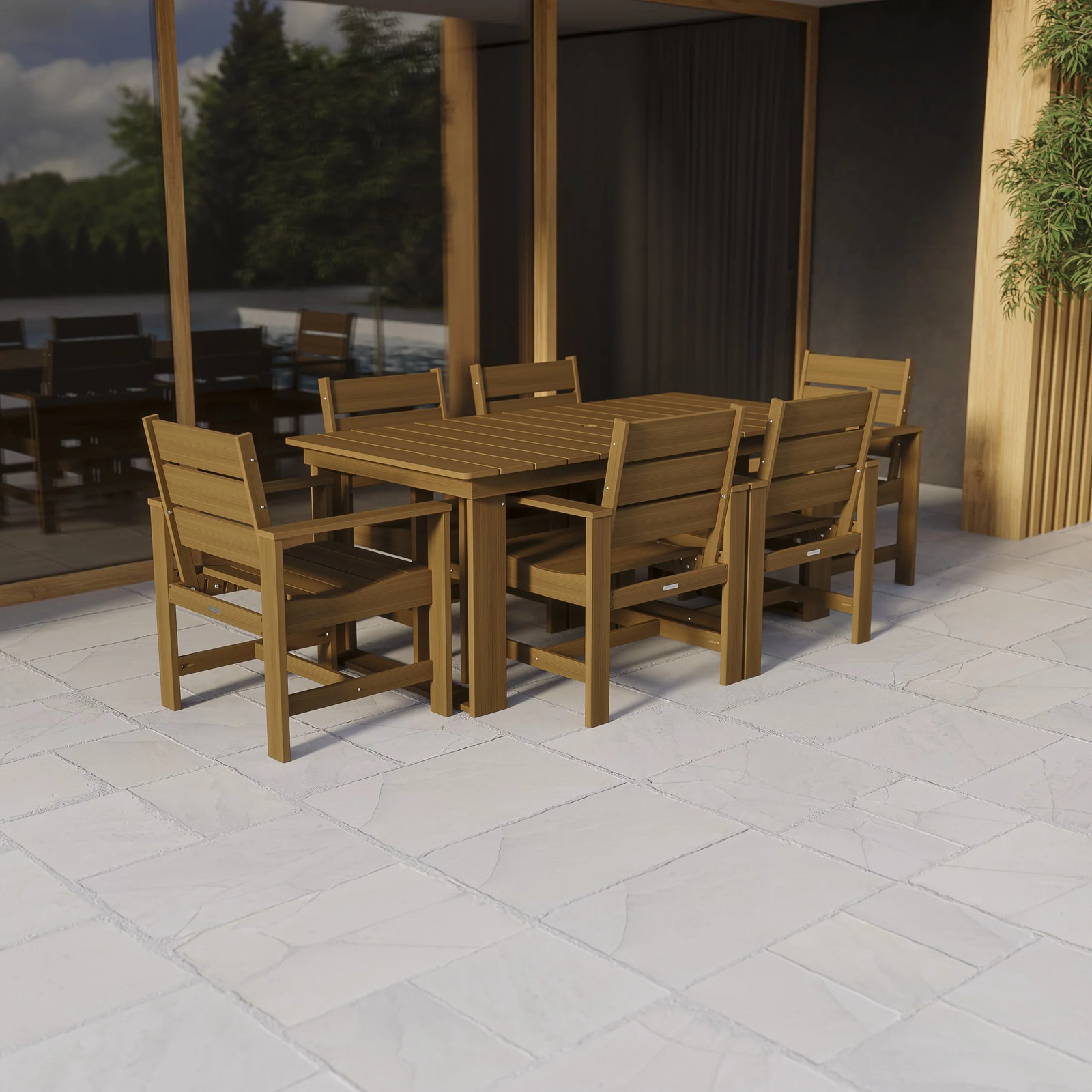 7 Piece Outdoor Dining Set  HDPE Teak Table 6 Chairs Weather Resistant