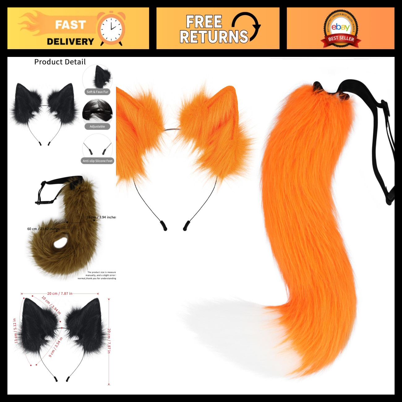 HAOAN Faux Fur Cat Fox Wolf Furry Tail and Ears Headband for Halloween Party Cos
