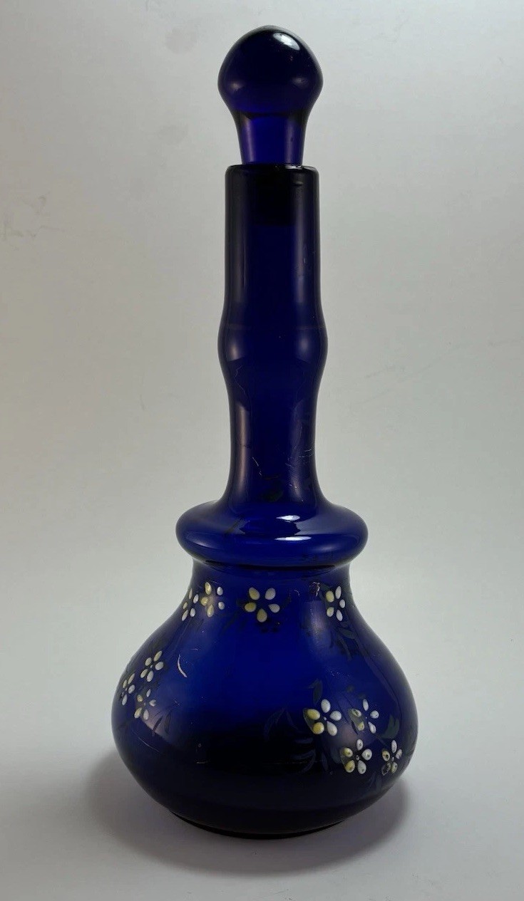 Antique Cobalt Blue Toothpick Painted Floral Pontiled Glass Barber Bottle 9.25
