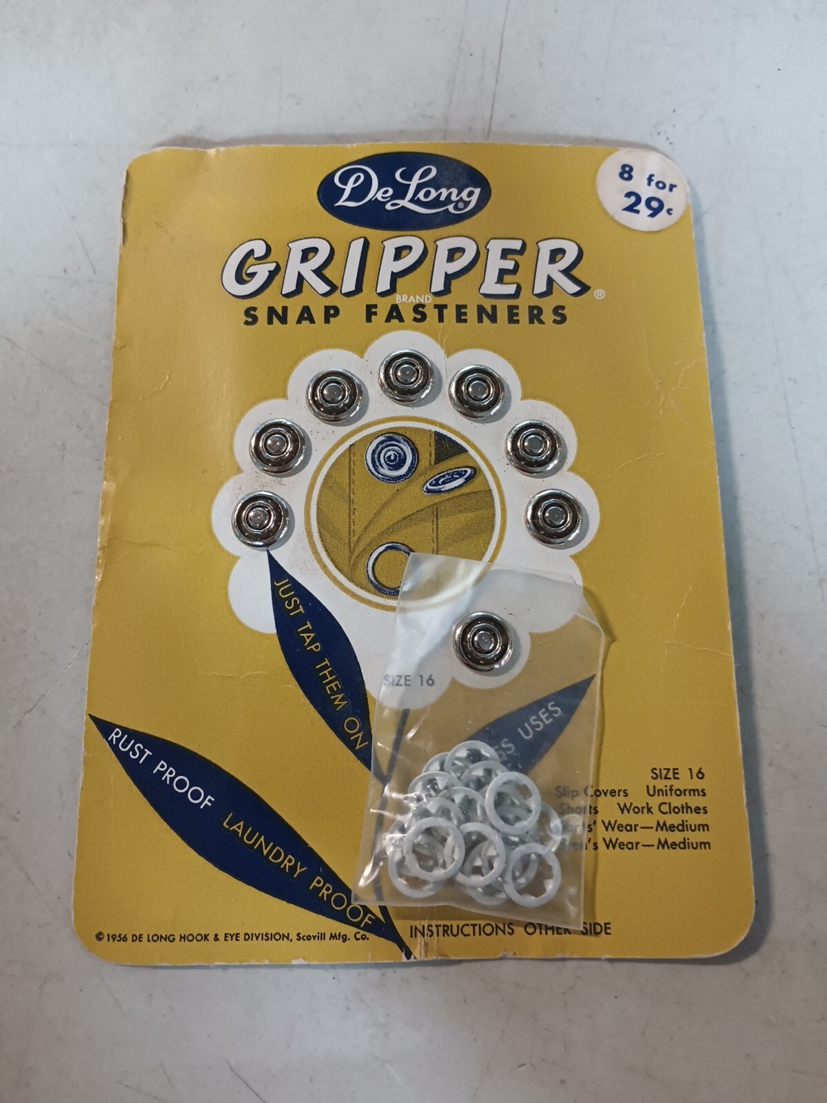 Vintage Gripper Snap Fasteners De Long 8 Count Size 15 Radial Rib Socket 1956
