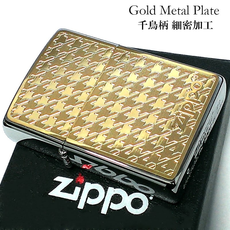 ZIPPO Houndstooth Gold Metal Plate Lighter Silver Etched Used