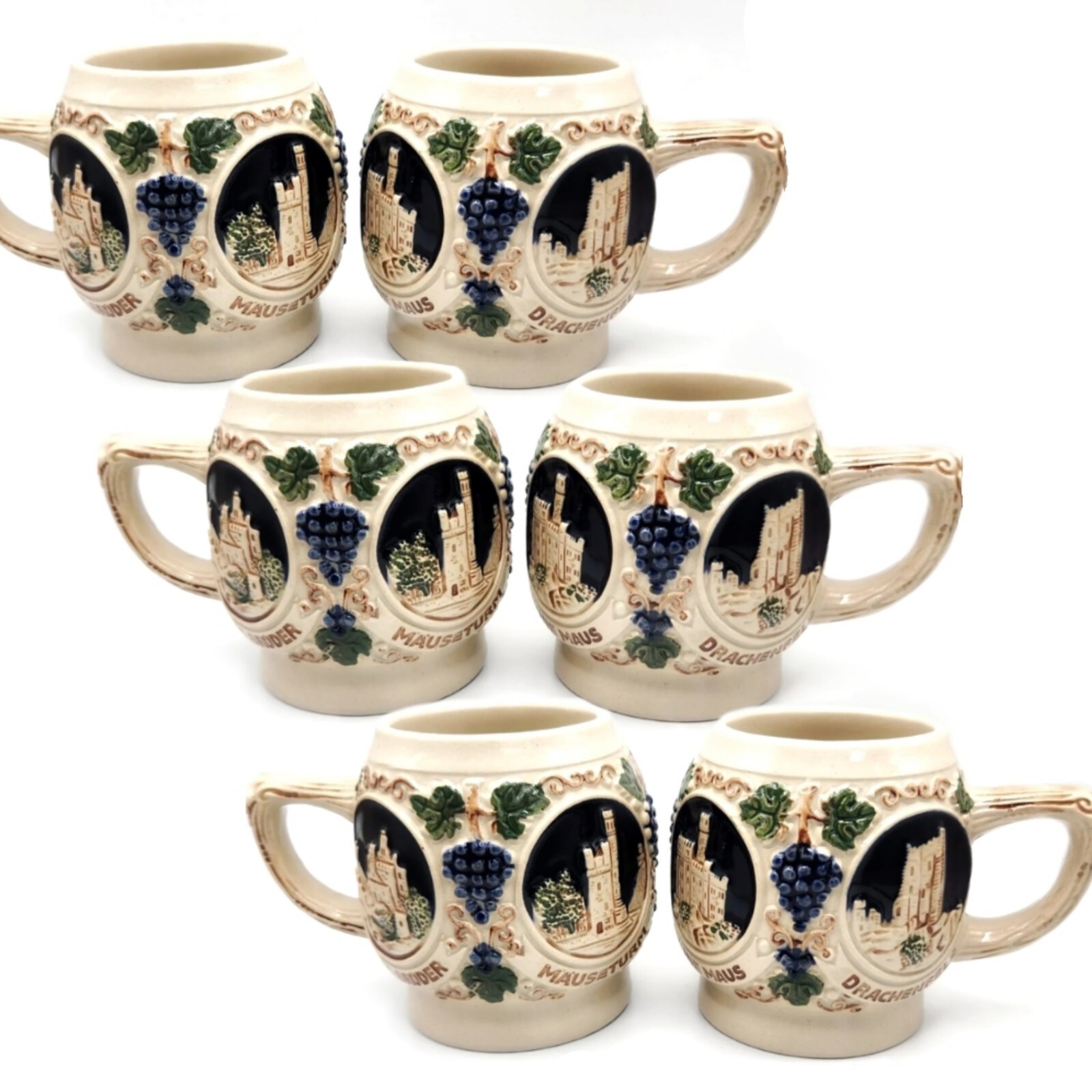 Vtg Gerz Castles on the Rhine Mugs Steins Set of 6 Gerzit Wine Beer West Germany
