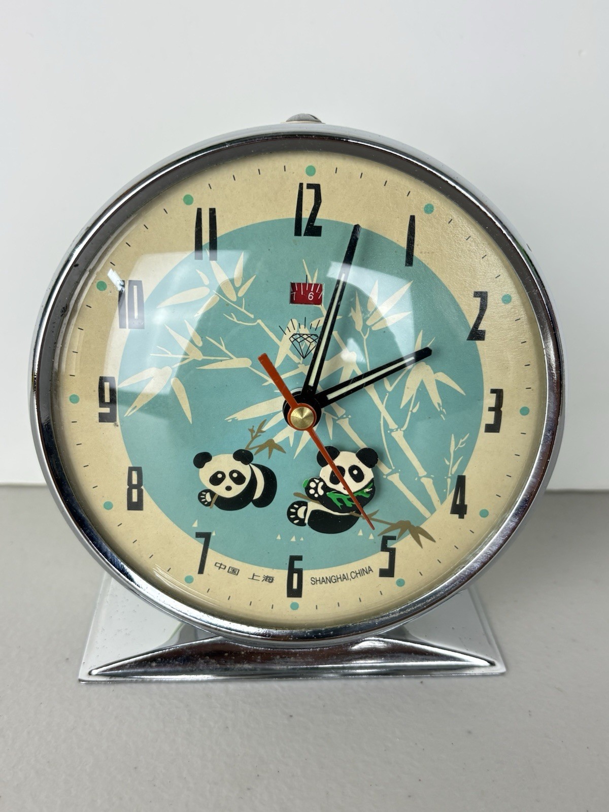 Vintage Shanghai Diamond Panda Animated Alarm Clock Mechanical Wind Up Works