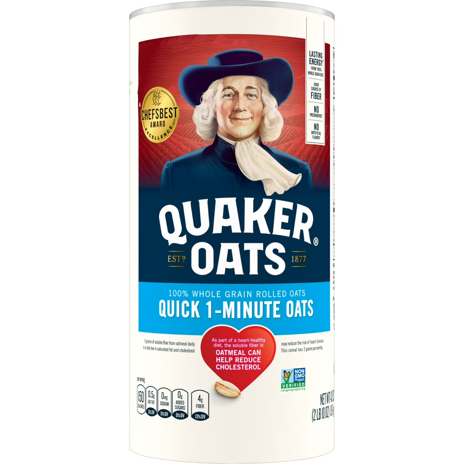 Quaker, Quick 1 Minute Oats, Oatmeal, Quick Cook Oatmeal, 42 oz Canister Dry Oat