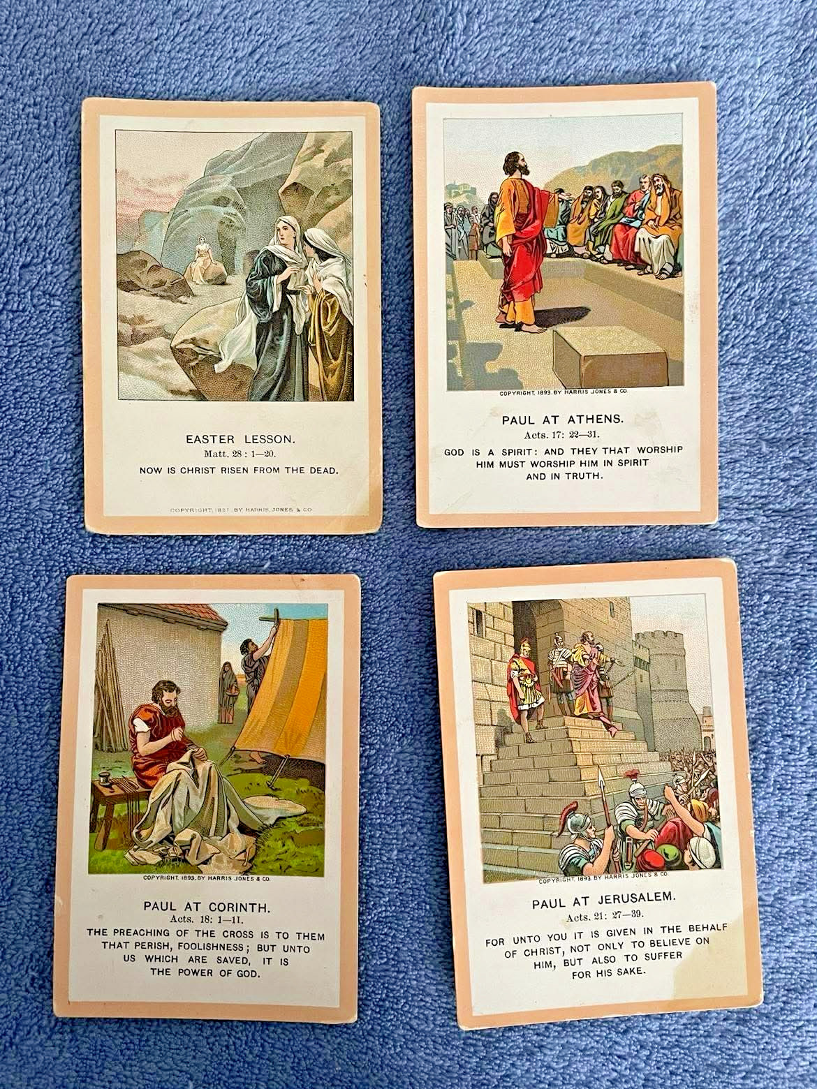 Antique 1892-1893 Little Bible Lesson Pictures, Harris, Jones and Co., Lot of 4