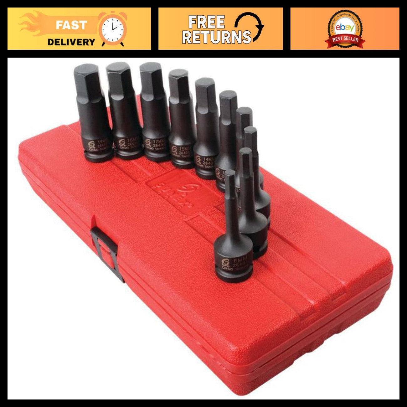 SUNEX TOOLS 2639 1/2-Inch Drive Metric Impact Hex Driver Set, 10-Piece