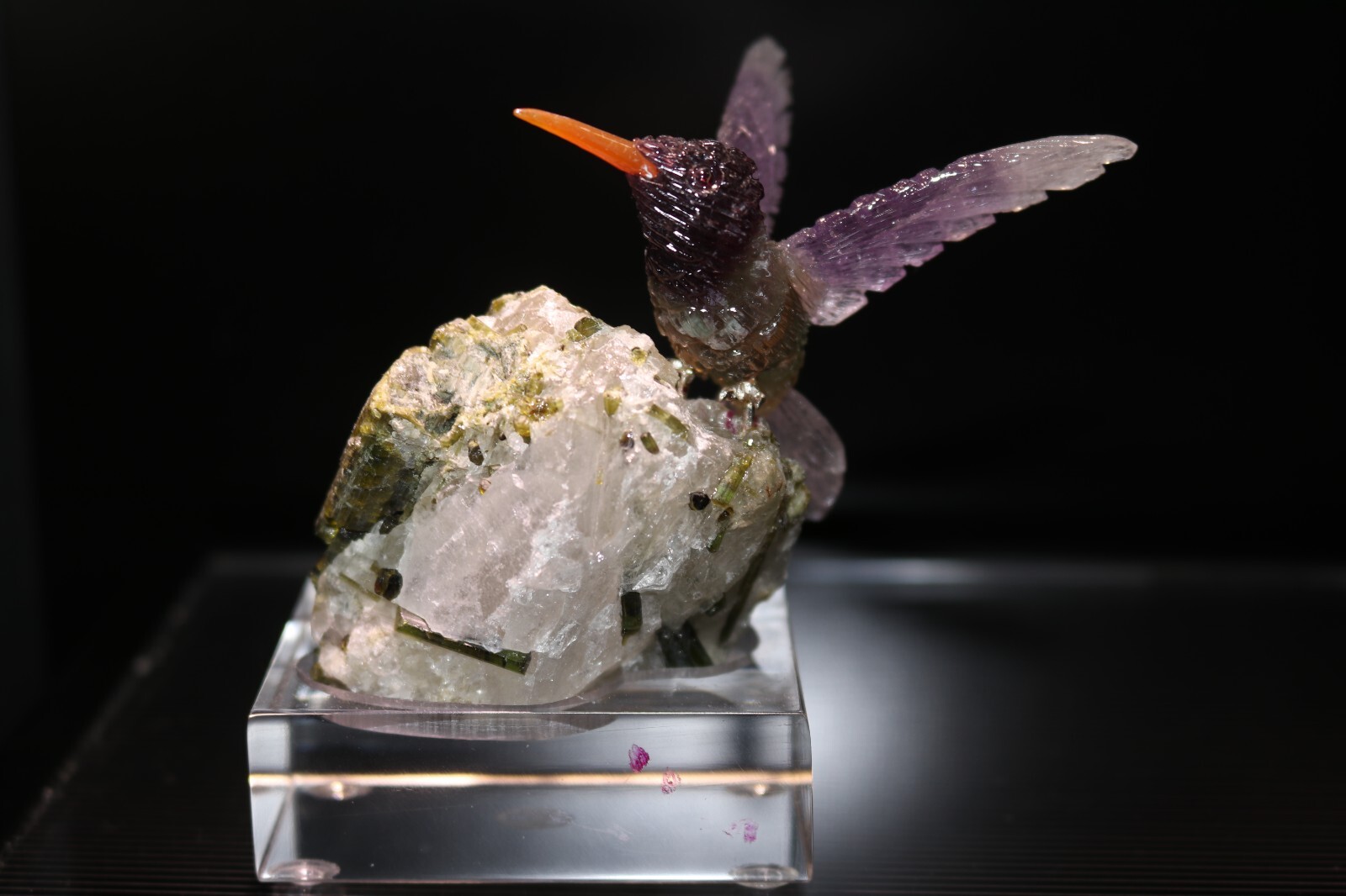 Peter Muller Hand Carved Fluorite Hummingbird on Tourmaline Base 3 3/4\