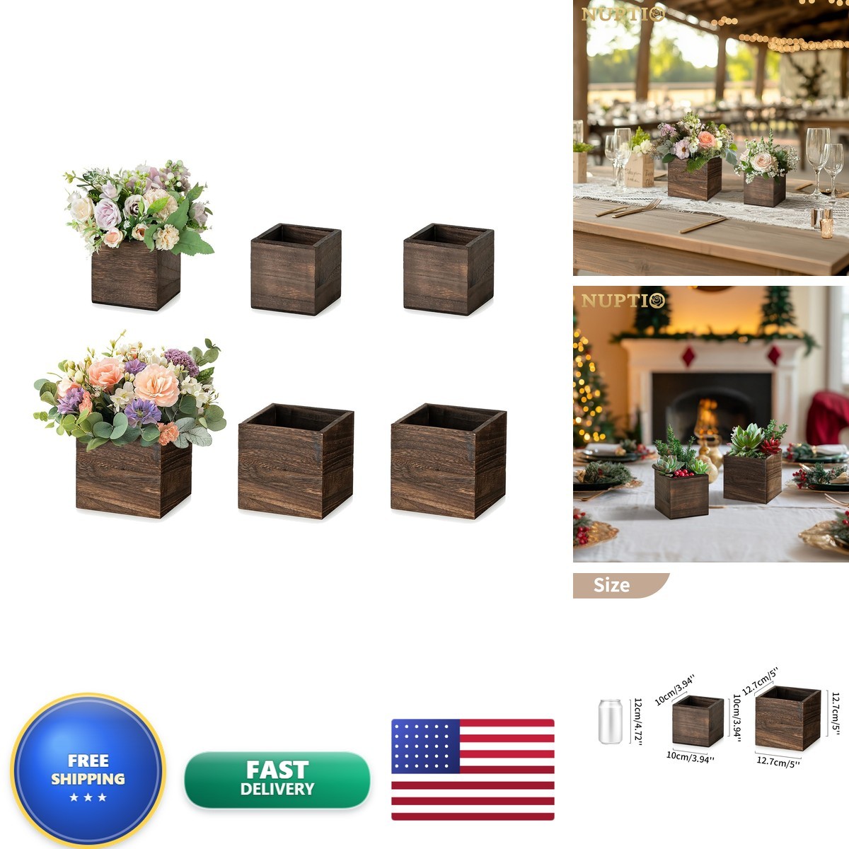 NUPTIO Small Wooden Box Centerpiece Brown Square 4