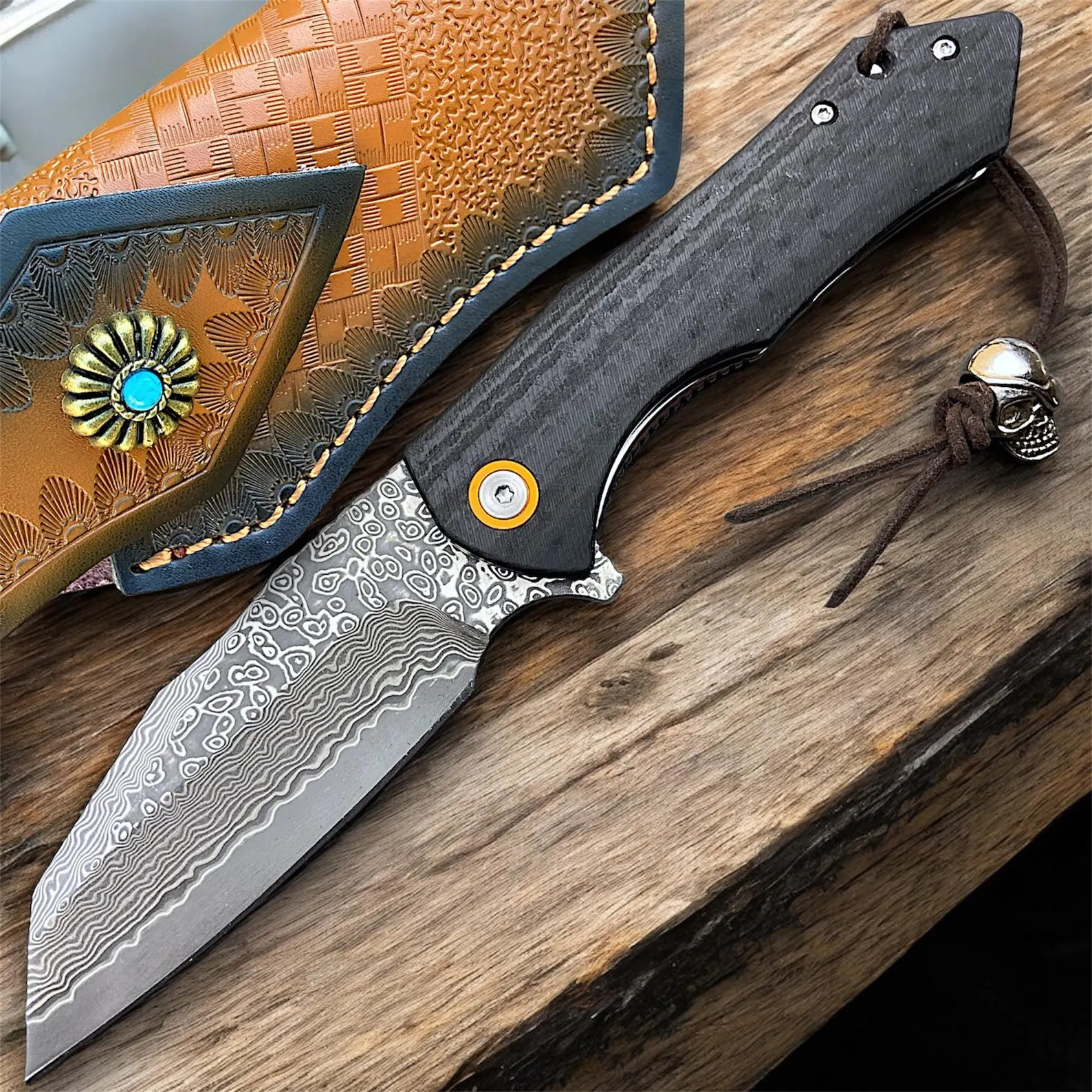 Custom EDC Damascus Steel Pocket Knife, Carbon Fiber Handle, Ball Bearing Pivot
