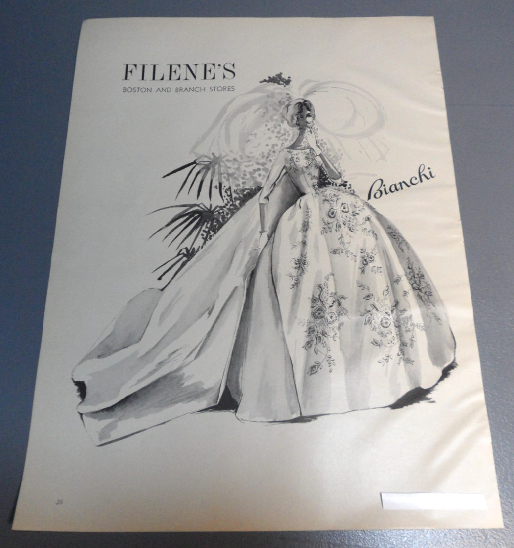 1960s Print Ad Bianchi Wedding Gown Fashion Illustration Filene's Boston MA LFD