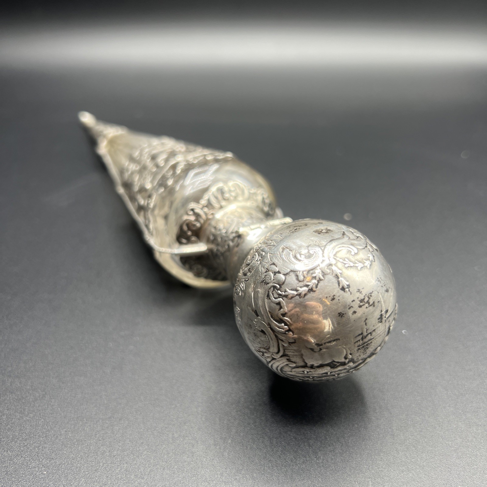 Antique Dutch Laydown Perfume bottle w Scenic Sterling Silver Overlay, c. 1890