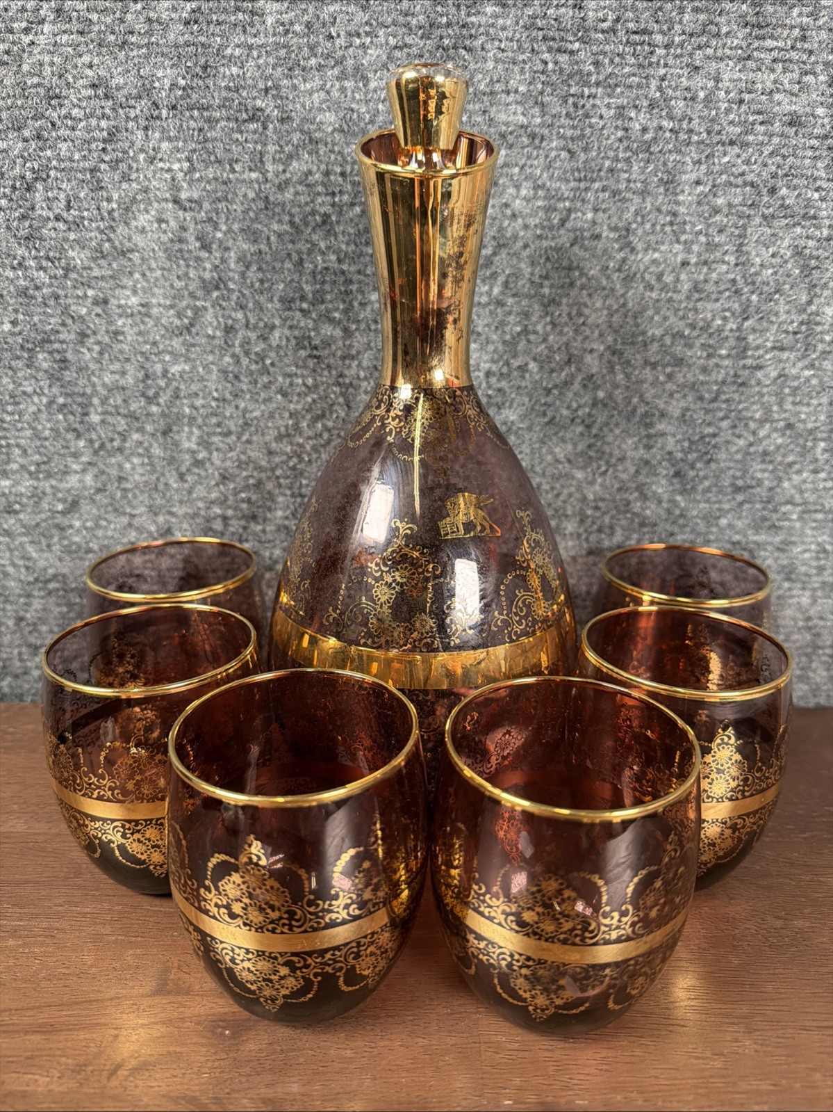 VTG Italian Amethyst Glass Decanter Set With Gold Overlay-7Pieces
