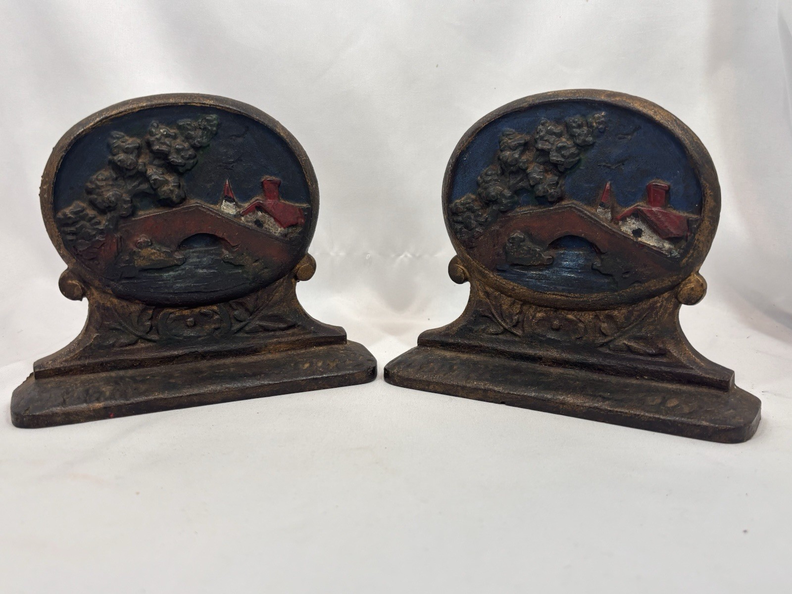 Pair Vintage Bridge Scene Oval Bookends Original Paint Cast Iron Church Village